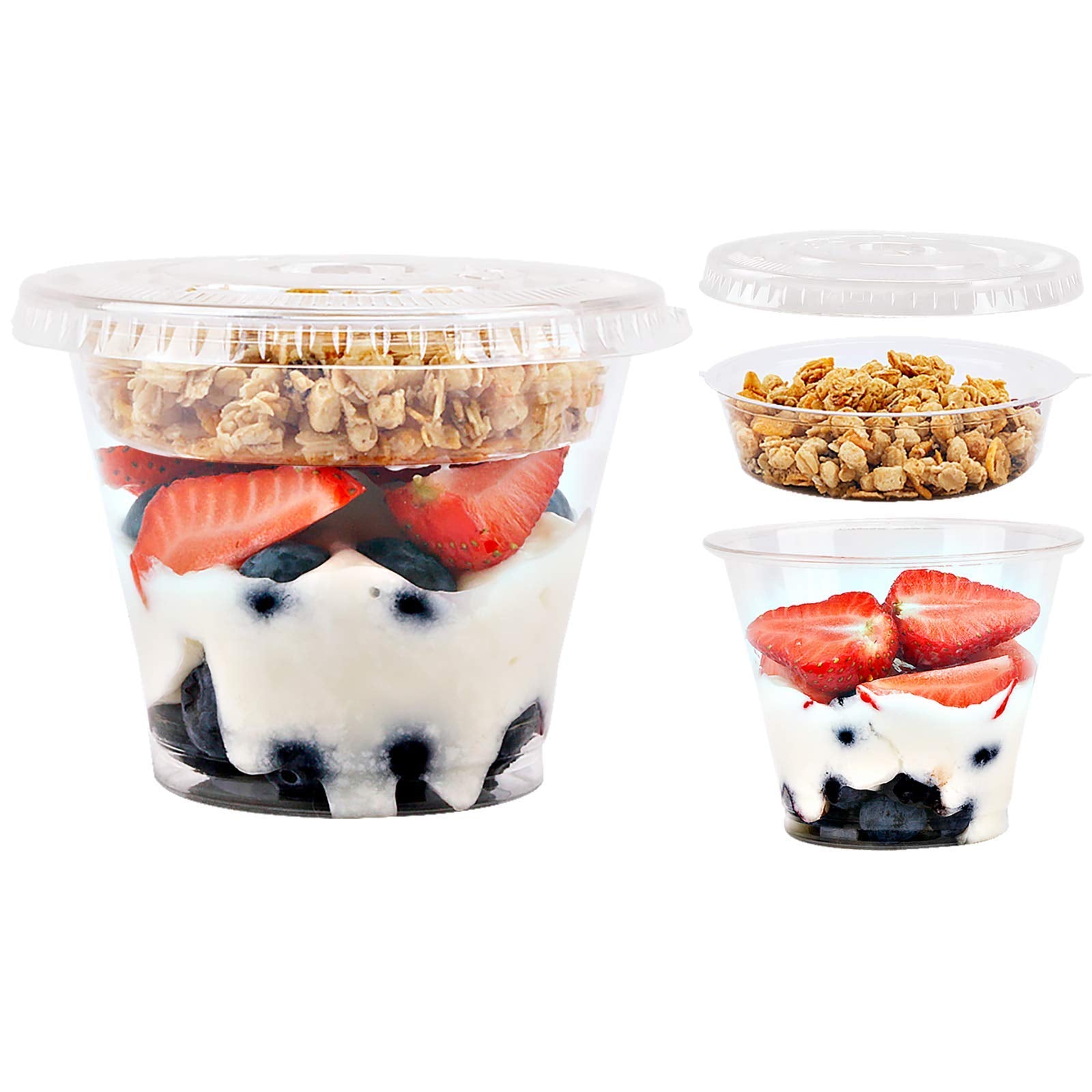 9 Oz Clear Plastic Parfait Cups With Insert 3.25Oz & Flat Lids No Hole - (50 Sets) Yogurt Fruit Parfait Cups For Kids, For Dips
