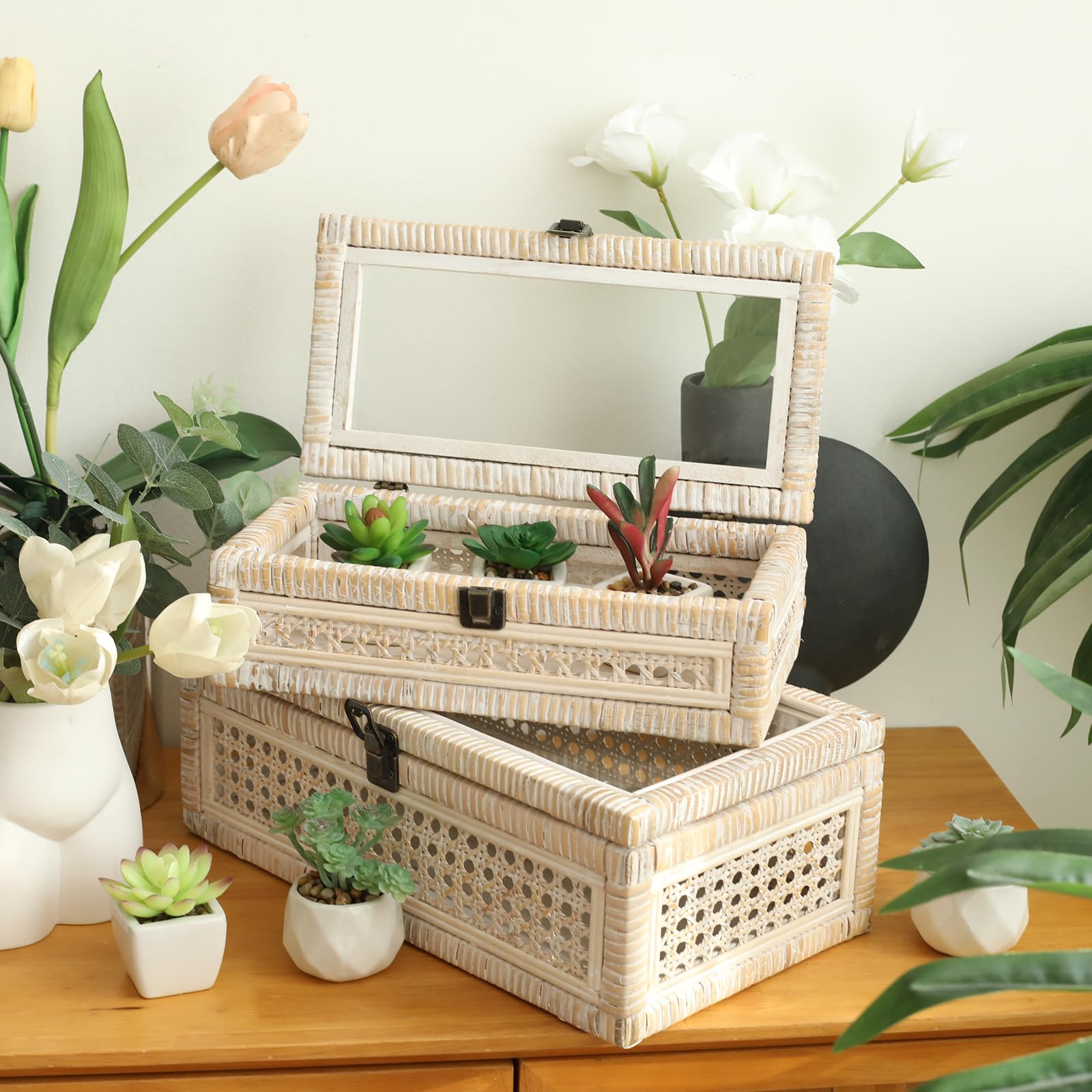 DECOR4SEASON Rattan and Cane Stacking Boxes with Glass Top Lid - Set of 2 11.8 and 14.1, for Boho and Rustic Farmhouse Decor, Wh