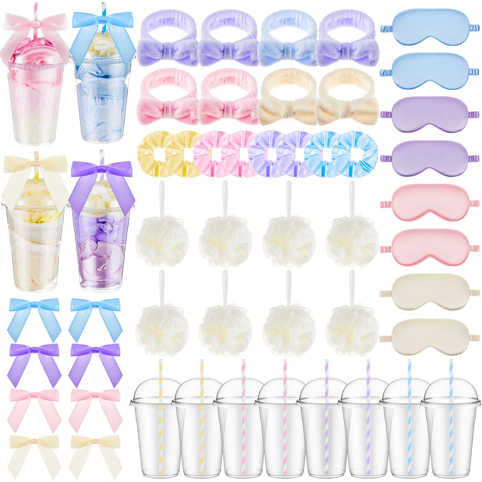 Nitial 56 Pcs Spa Party Supplies Including Spa Headband Sleep Eye Mask Velvet Scrunchies Bath Loofah Sponges Plastic Cup with Li