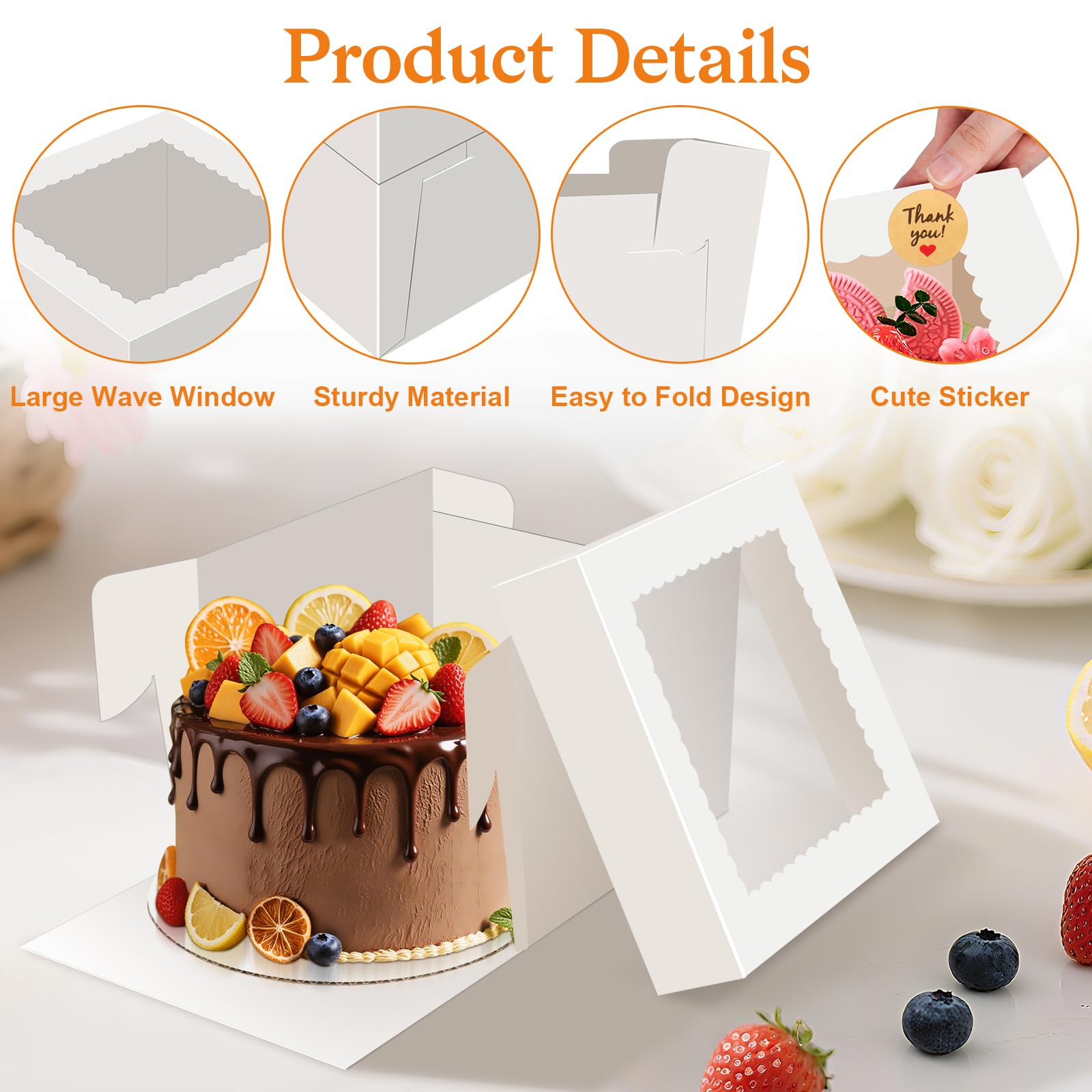 Sudaya 3Pcs 10x10x5 Cake Boxes with Window, Cake Boxes 10 inch withTall Cakes Boards Ribbon Stickers, 10in Disposable Bakery Con