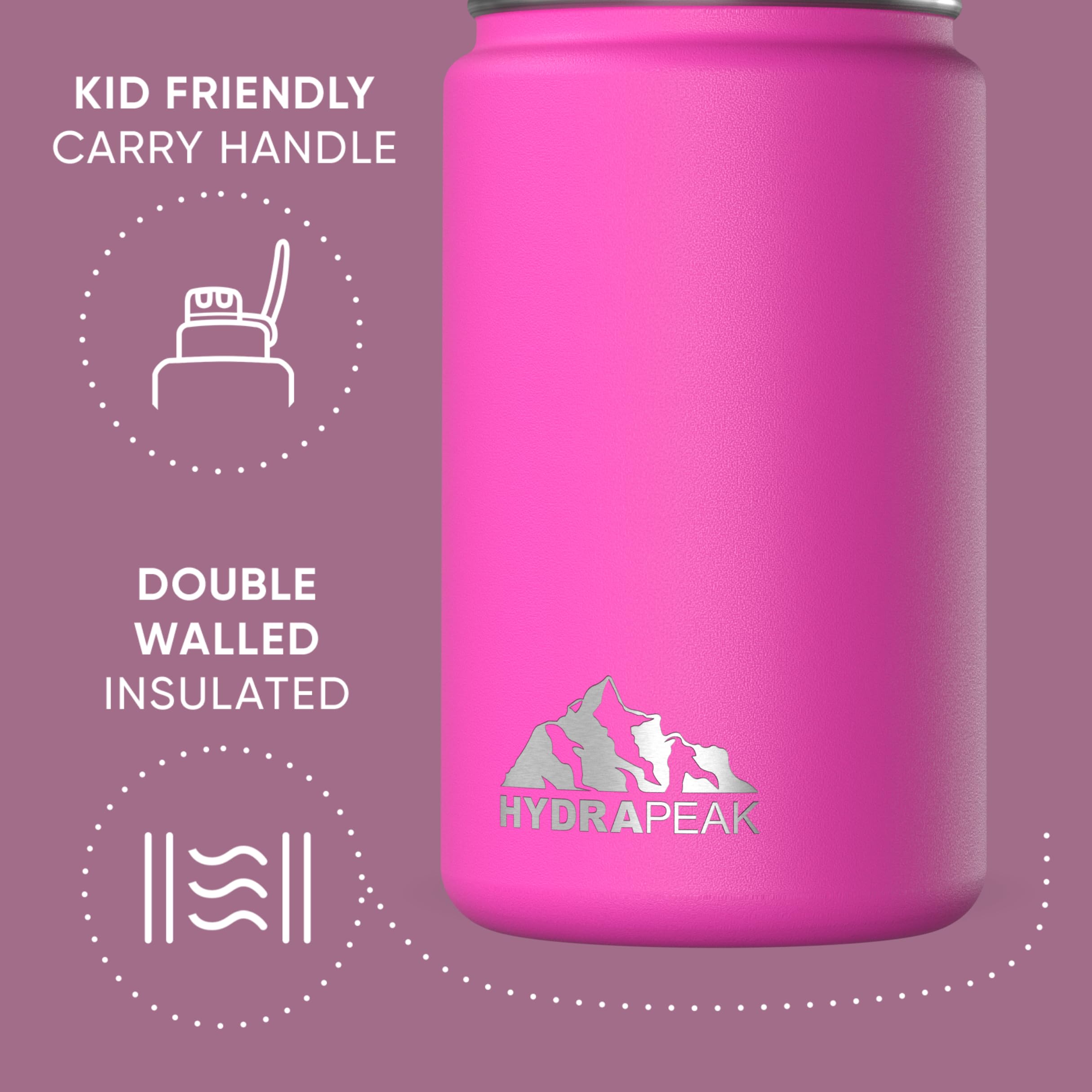 Hydrapeak Mini 14Oz Water Bottle With Straw Lid, Insulated Water Bottle, Water Bottle Stainless Steel, Water Bottles (Fuchsia)