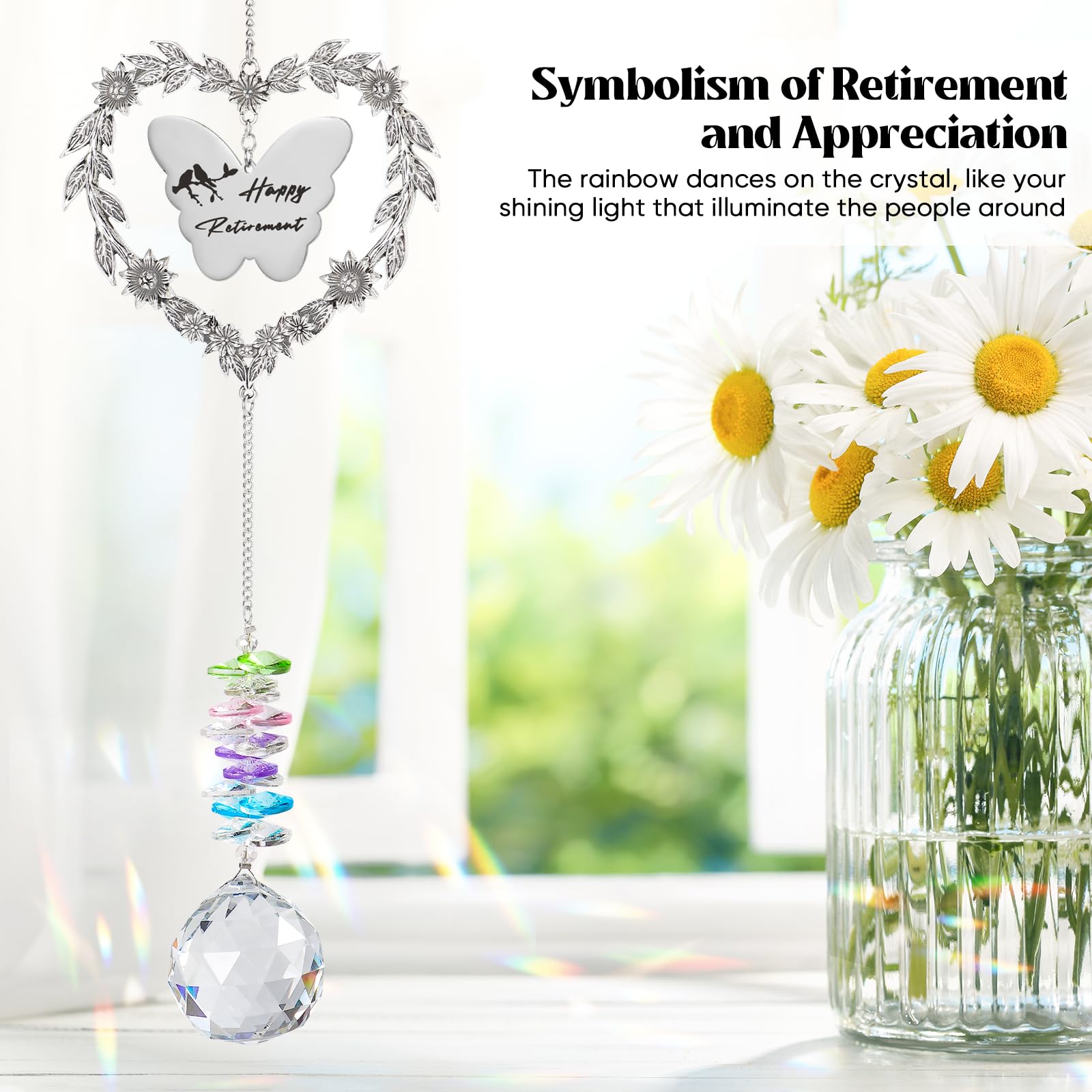 Elivida Retirement Gift Sun Catcher, Happy Retirement Gift for Women Men, Retired 2025 Rainbow Maker for Coworker, Heart-Shaped