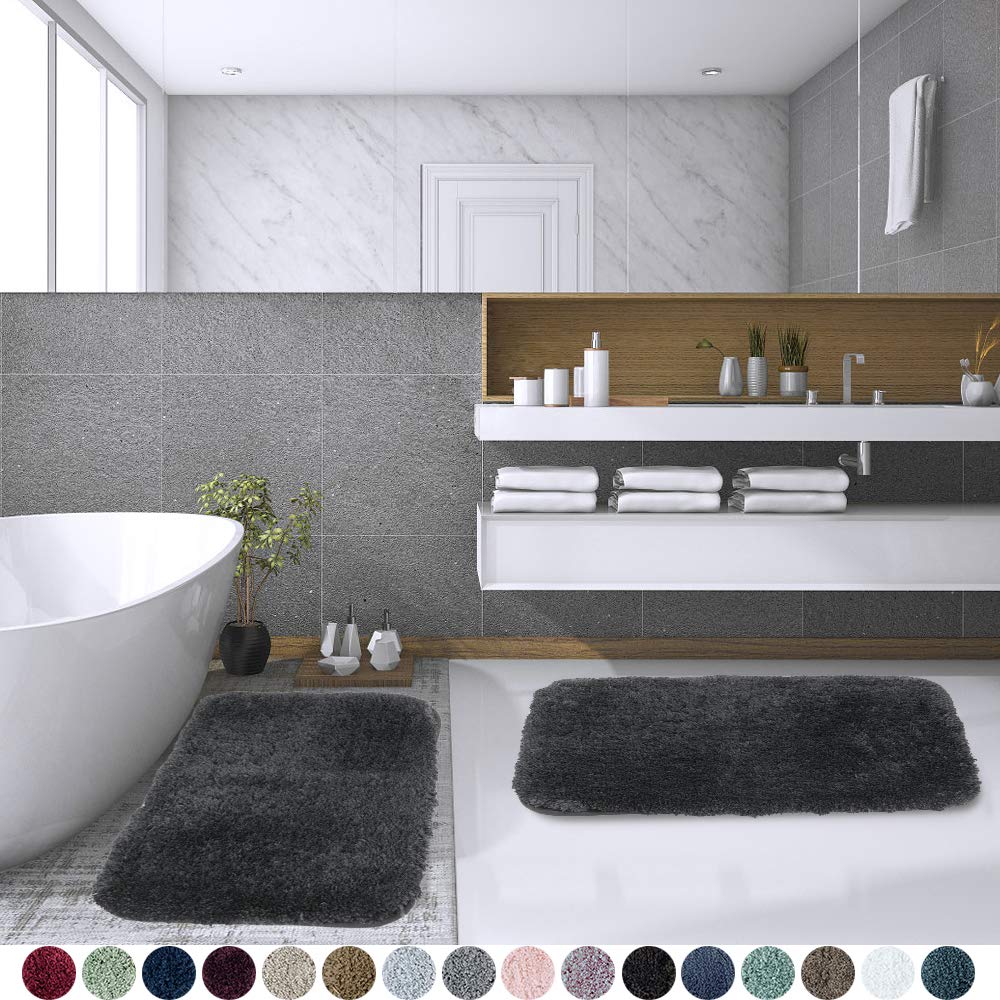 Walensee Shaggy 2 Piece Bath Rug Set, (20 X 32, 2 Pack Set, Black) Bathroom Rug Set Bath Mats For Bathroom Machine Wash/Dry Abso