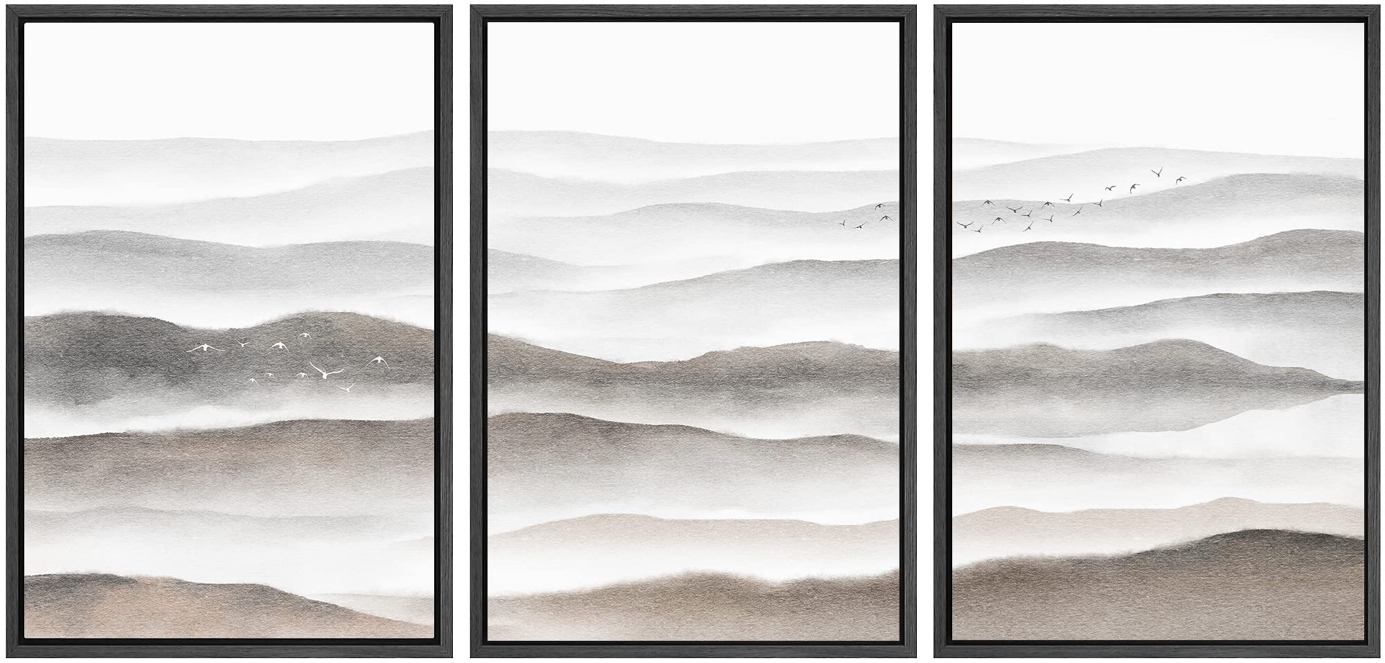 Signwin Framed Canvas Print Wall Art Set Brown Black Misty Mountain Range Sky Nature Wilderness Illustrations Modern Art Decorat