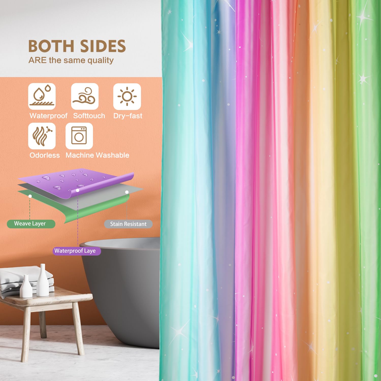 Lokigo Teal And Pink Shower Curtains For Bathroom, Ombre Colorful Cloth Fabric Shower Curtain Set With 12 Hooks, Light Blue Gree