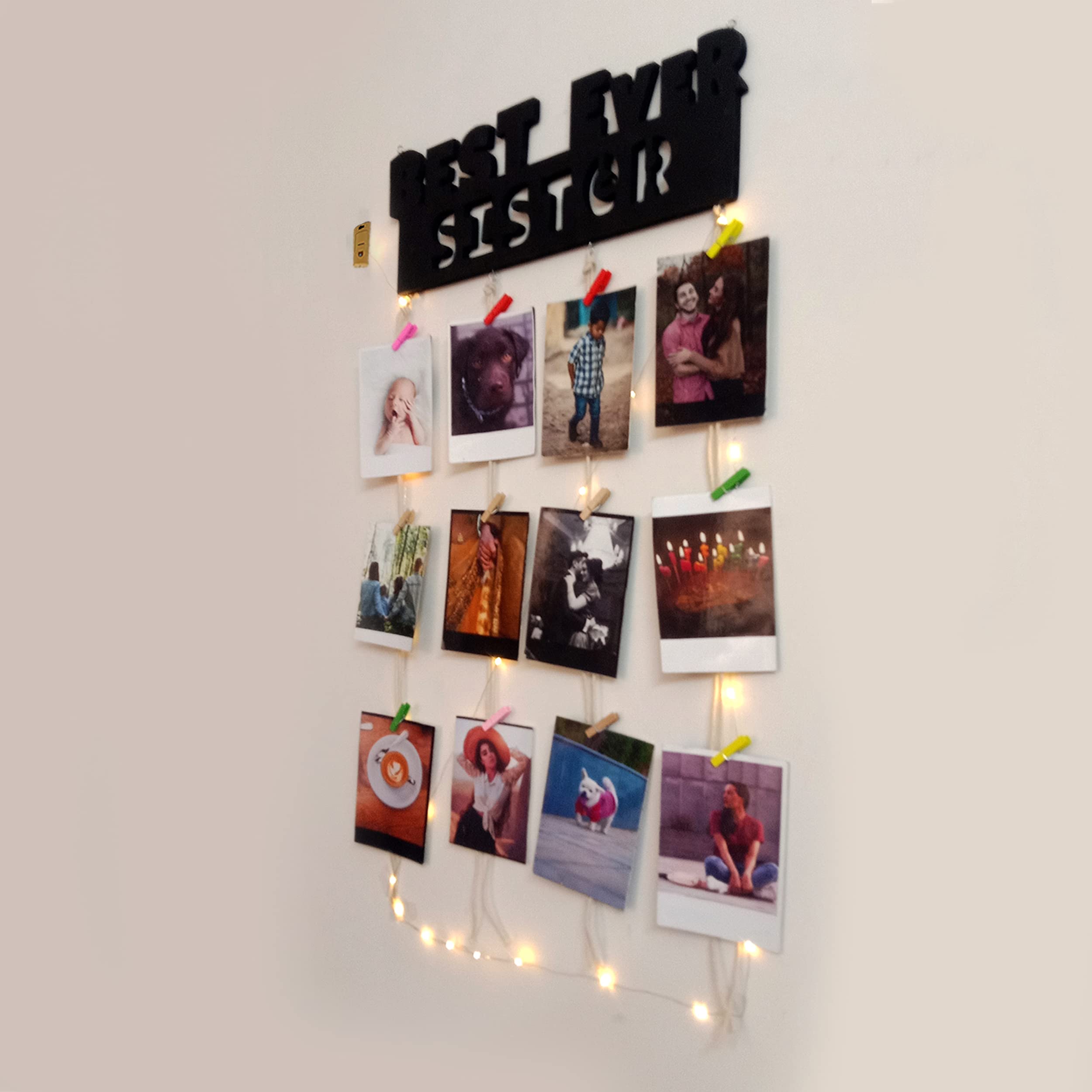 Vah Wooden Photo Frame With Led Light - Display Picture Collage Organizer With Clips (Best Sister Ever With Light)