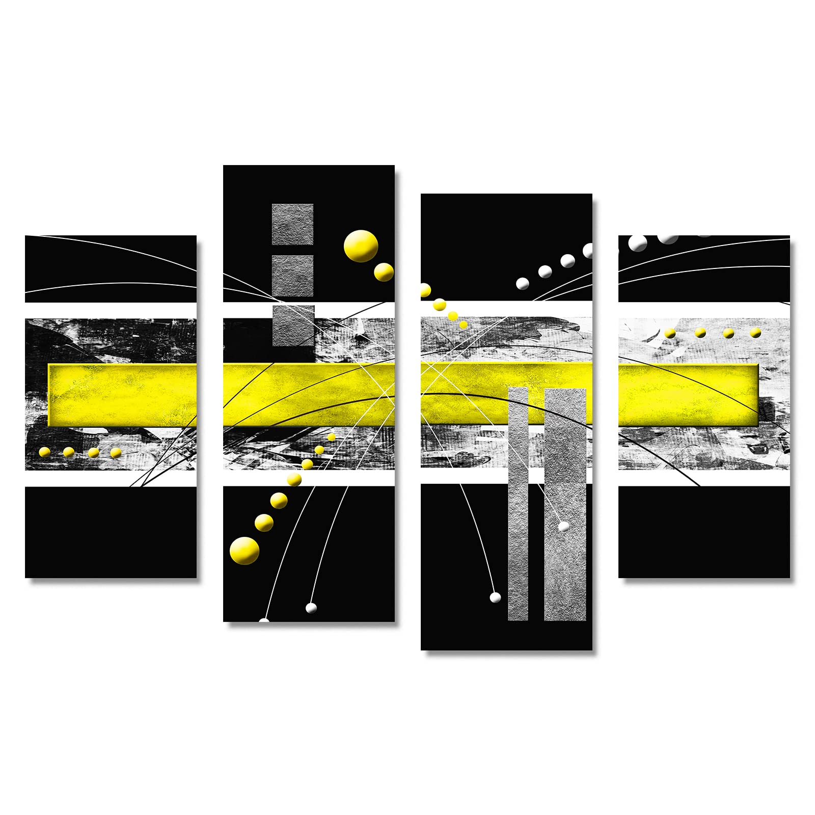 Large Black Yellow Canvas Wall Art - 4 Panels Modern Abstract Picture Set For Home Decoration - Contemporary Painting Artwork Re