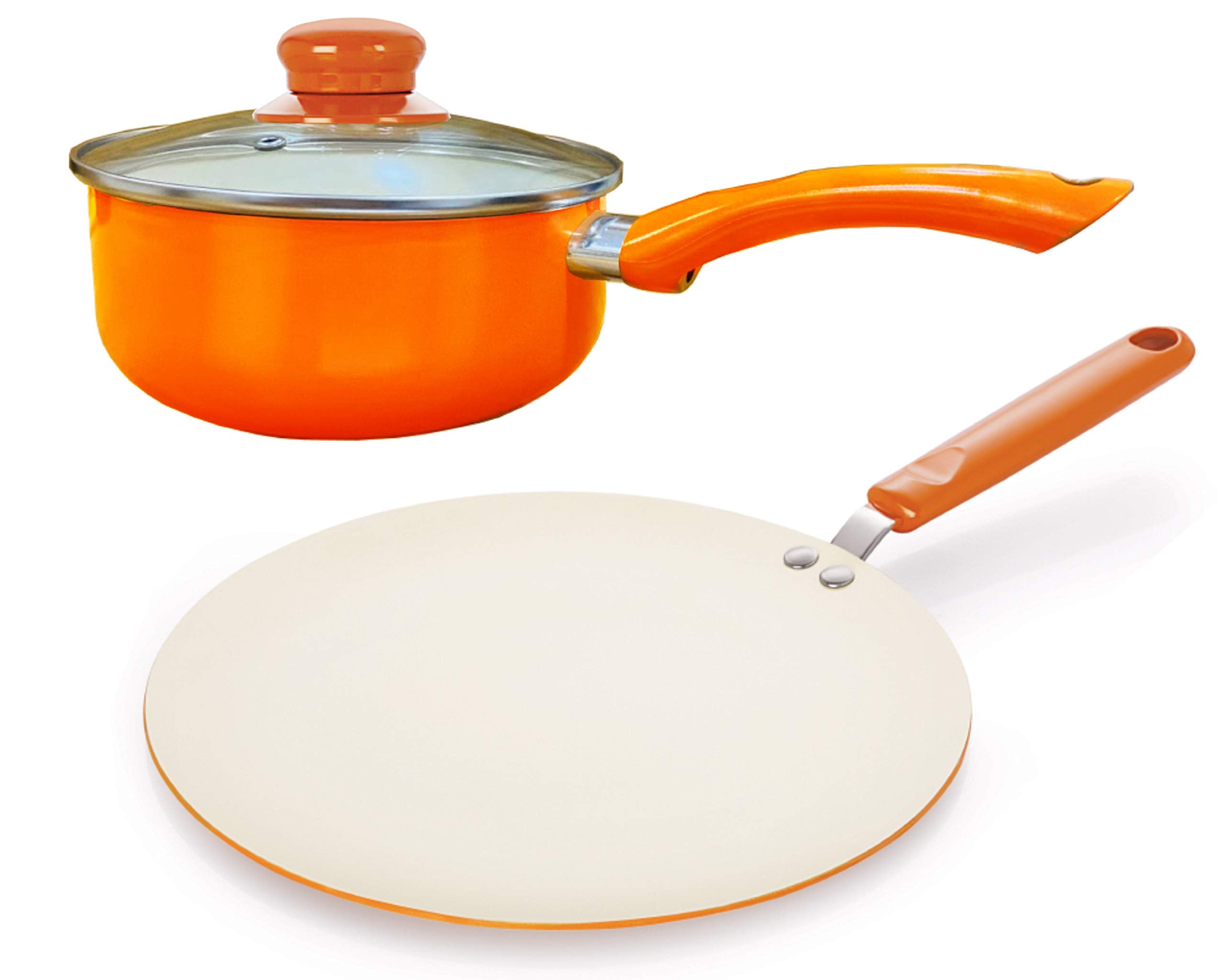 Nirlon Ceramic Induction Base Non Stick Aluminium Concave Roti Tawa/ Sauce Pan/ Milk And Tea Pan With Glass Lid  Set Of 2