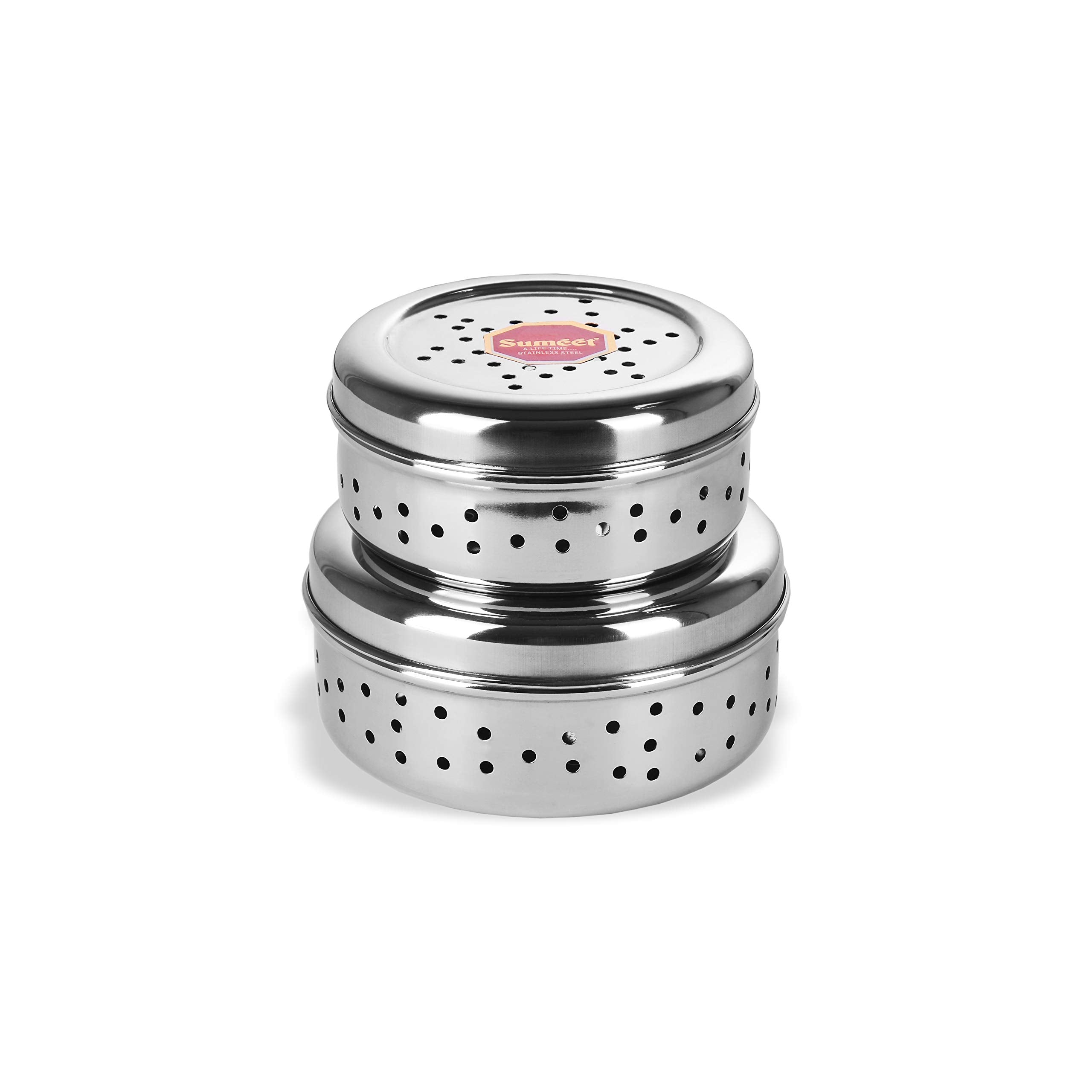 Sumeet Stainless Steel Hole Puri Dabbas/Sprout Maker/Flat Canisters With Air Ventilation Size No.711 Cm Dia & No. 812.5 Cm Dia