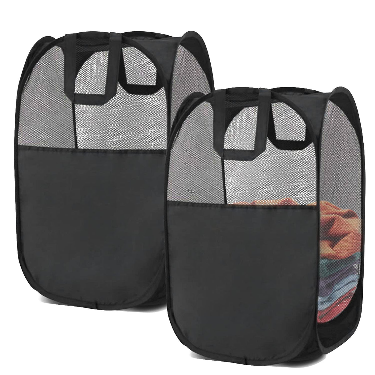 Benjunc 2 Laundry Baskets, Pop-Up Laundry Baskets, Foldable Mesh Laundry Baskets (Each With 2 Reinforced Handles), Black