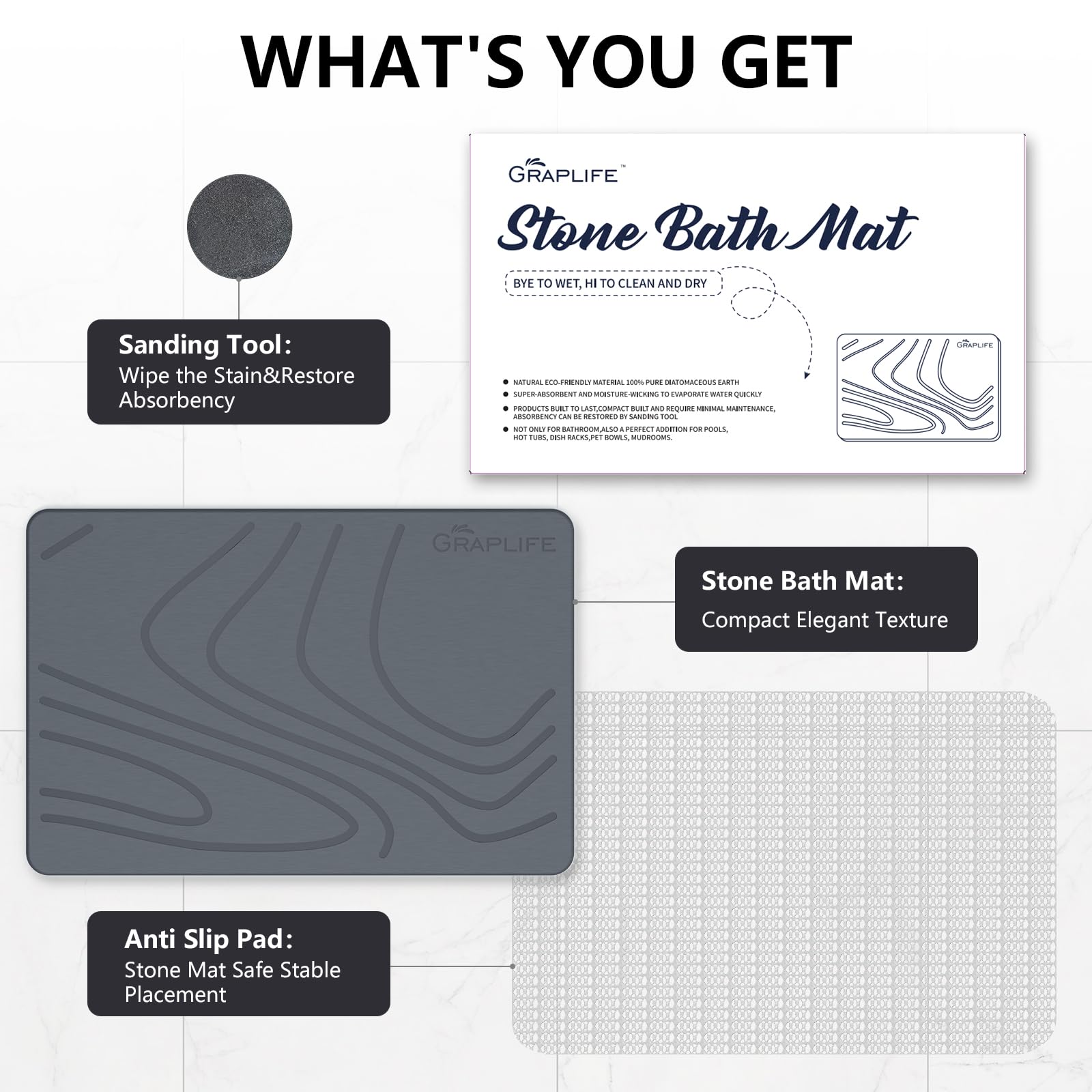 Graplife - Stone Bath Mat  Diatomaceous Earth Shower Mat  Non-Slip Super Absorbent Quick Drying Bathroom Floor Mat  Natural  Easy to Clean (23.5 x 15 Darkgrey)