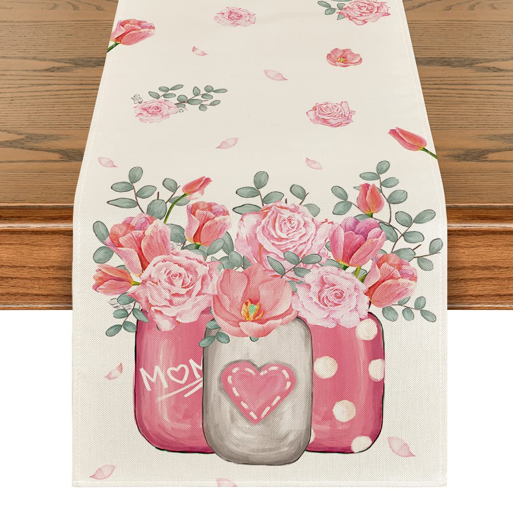 Artoid Mode Tulips Carnations Flower Vase Eucalyptus Mother'S Day Table Runner, Kitchen Dining Table Decoration For Home Party D