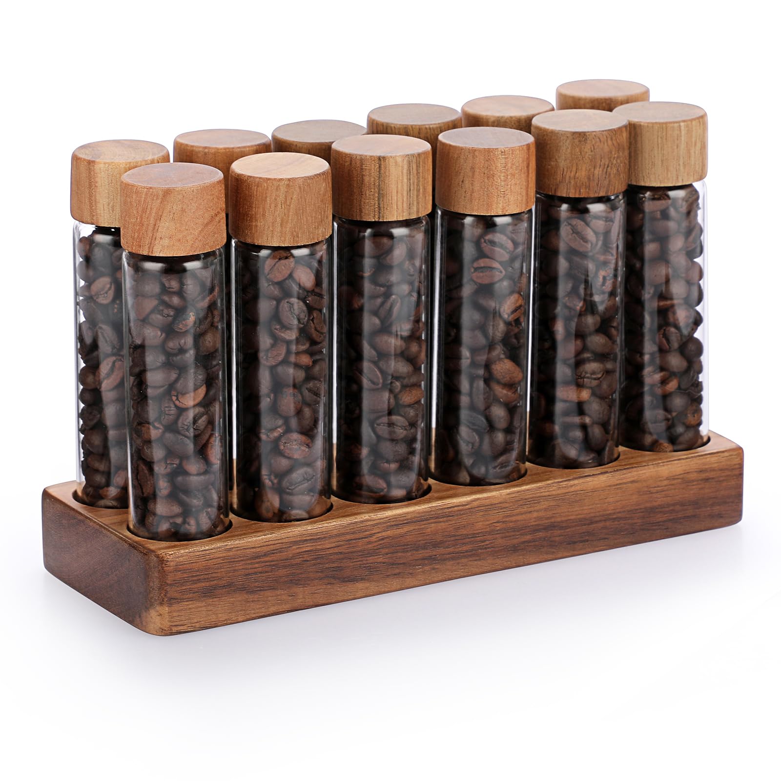 JUXYES Set of 12 Single Dose Coffee Bean Storage Tubes with Wooden Stand and Lids, Dosing Glass Vials for Coffee Storage, Coffee