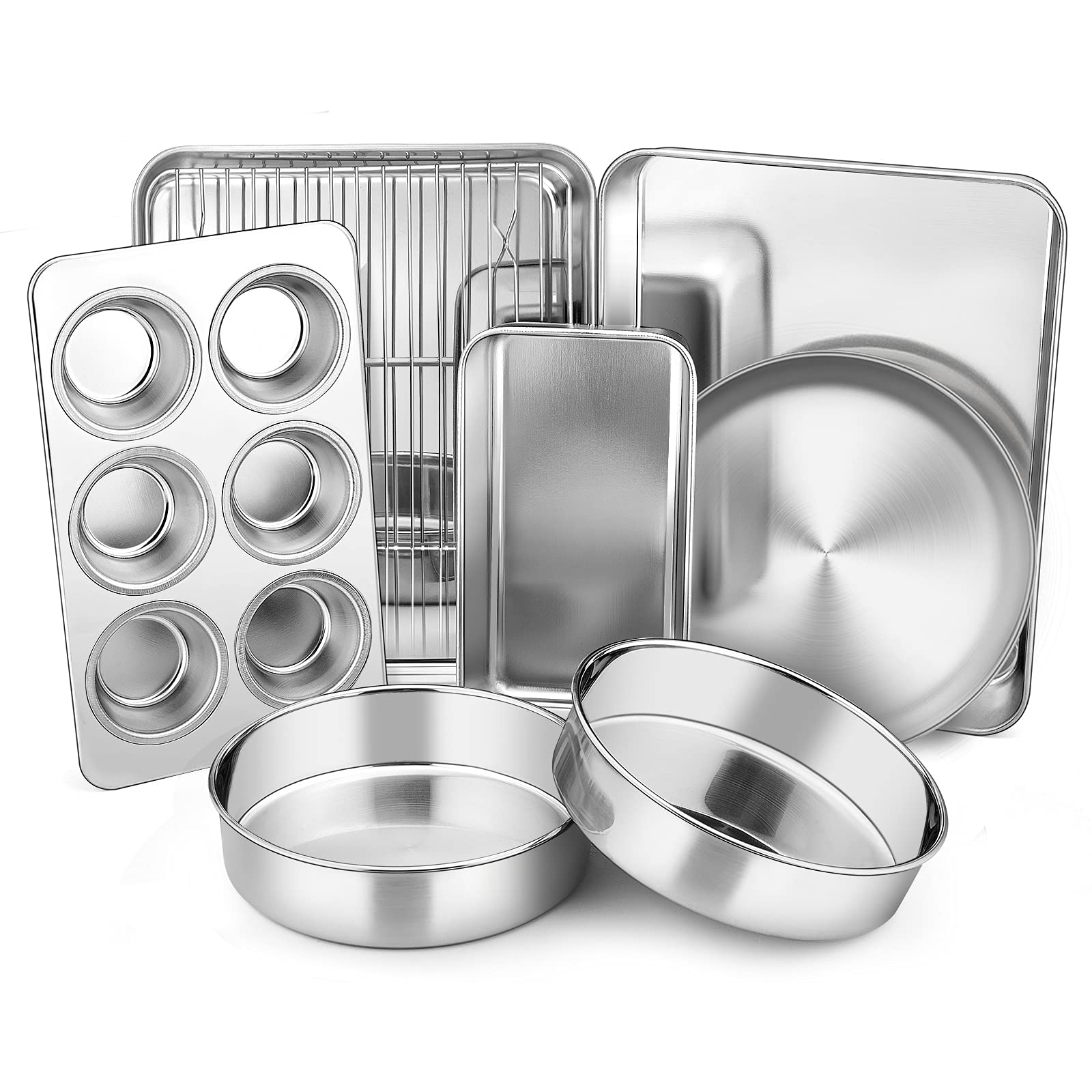 Toaster Oven Bakeware Set, E-Far 8-Piece Stainless Steel Small Baking Pan Set, Include 6-Inch Cake Pan/Rectangle Baking Pan/Cook