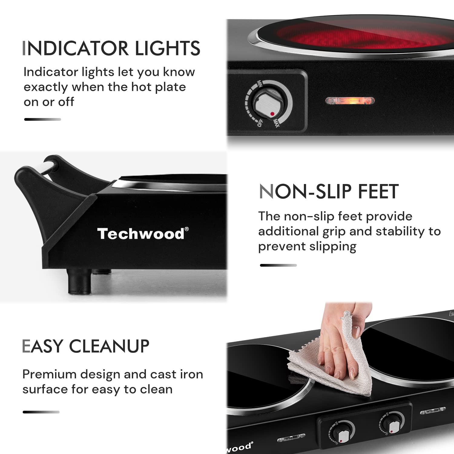 Hot Plate  Techwood 1800W Electric Stove  Countertop Double Burners for Cooking  Infrared Ceramic Dual Cooktops  Brushed Stainless Steel  Black