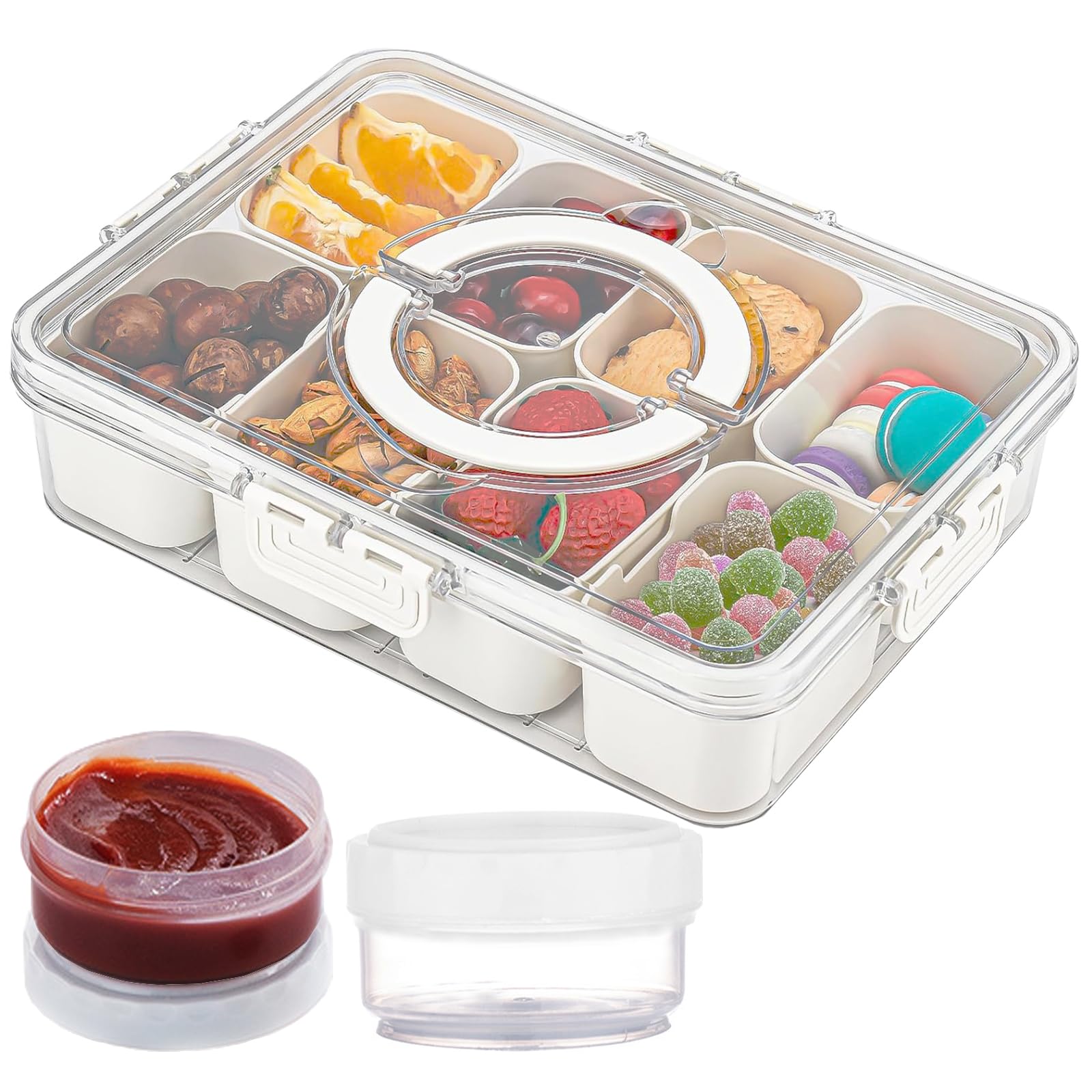 Snackle Box Container, Dishwasher Safe 8 Compartments Snack Containers 2 Dressing Containers, Clear Charcuterie Board for Snacks