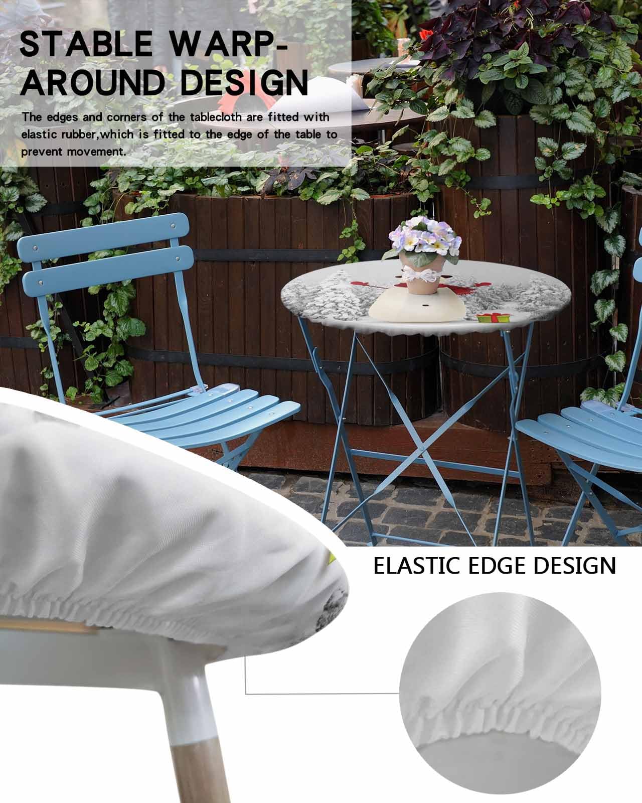 Christmas Snowman Round Fitted Table Cover For Dining Tables,Elastic Edged Tablecloth Winter Snowy Pine Forest Waterproof Oil Pr