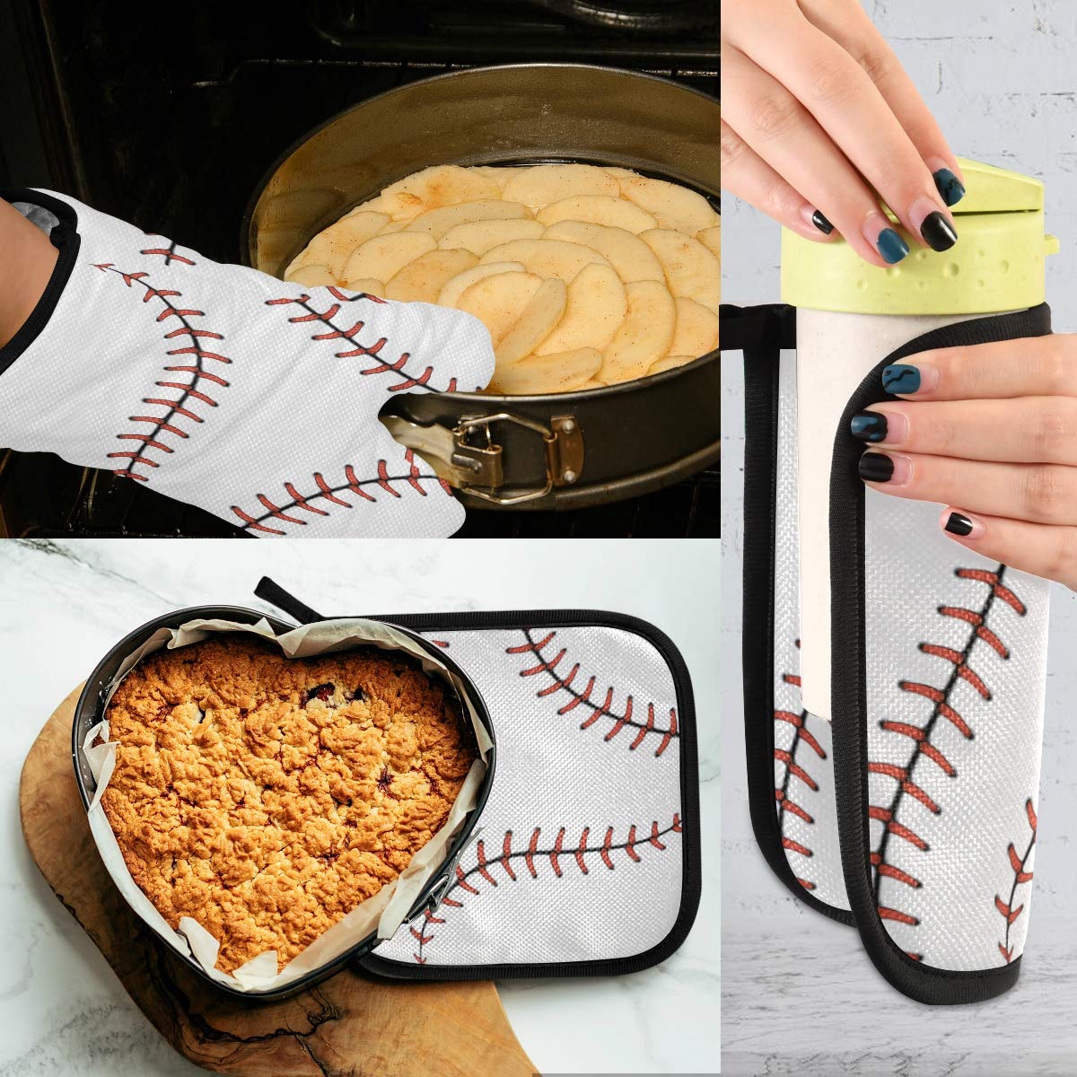 Aslsiy Baseball Oven Mitts And Pot Holders Sets Kitchen Glove Holder Heat Resistant Kitchen Mittens For Microwave Bbq Baking Gri