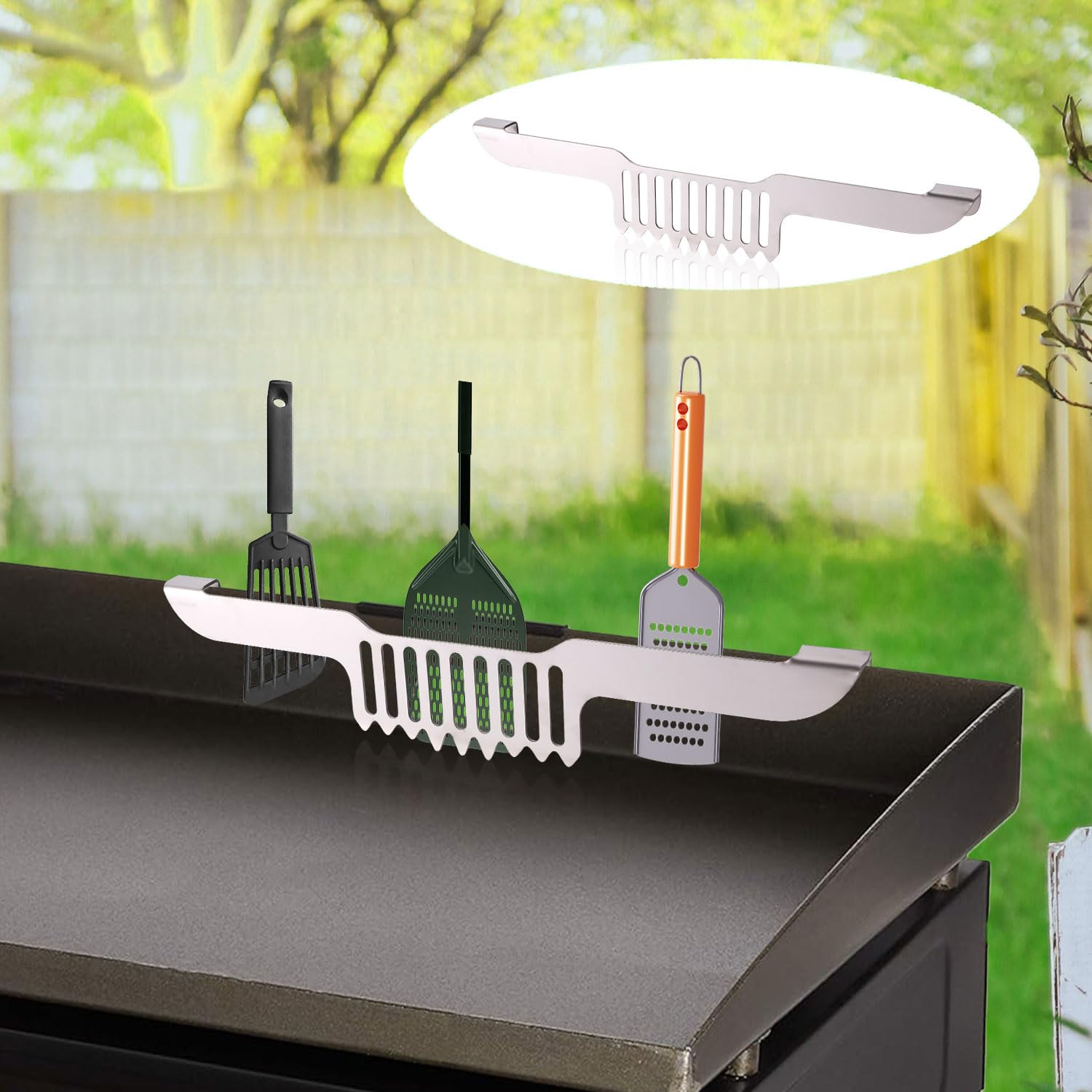Grease Gate Spatula Holder, 11.81X2.36X0.79 Inch Stainless Steel Griddle Grill Food Screen Adjustable Barbecue Grill Food Mesh H