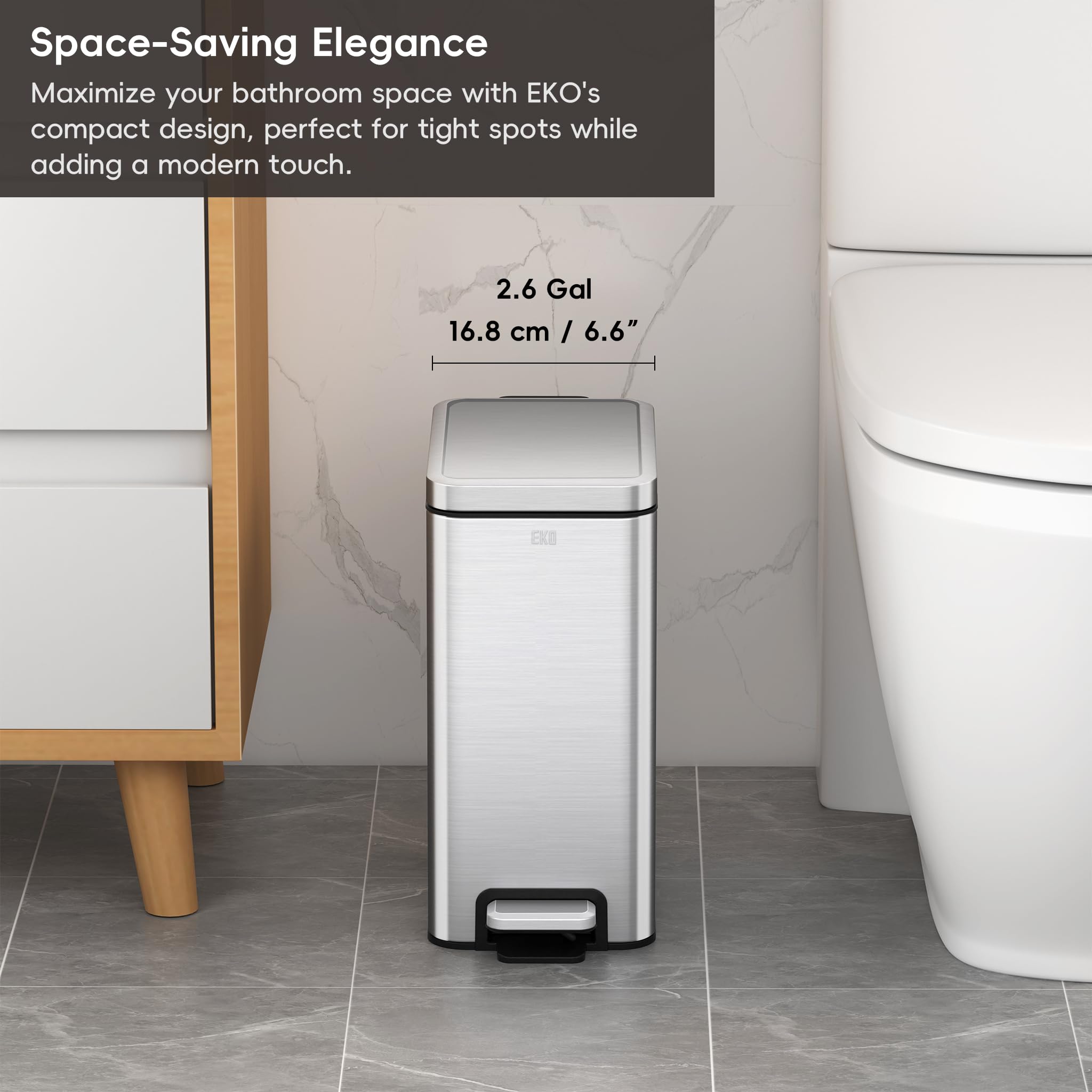 Eko Small Bathroom Trash Can With Lid Soft Close, Step Pedal, 10 Liter / 2.6 Gallon Stainless Steel Garbage Can With Removable I