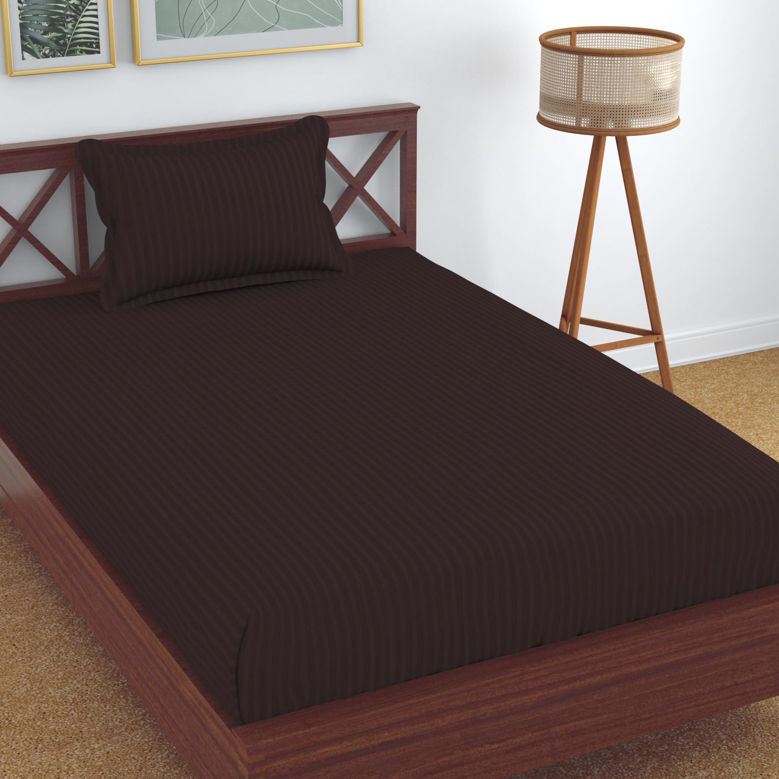 Homefab India 160 Tc Stripe Glace Cotton Single Bedsheet With 1 Pillow Cover - Brown