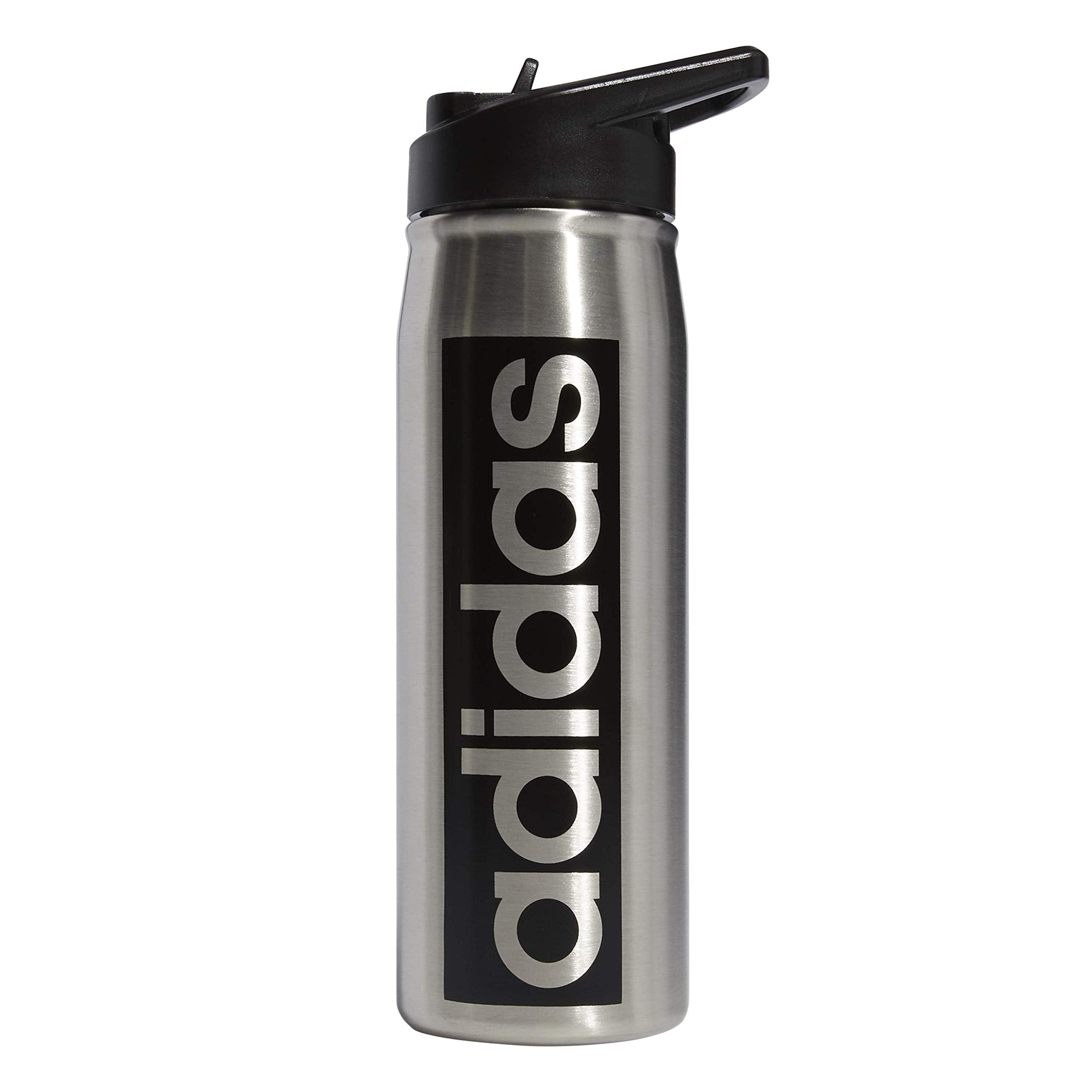 Adidas 600 Ml (20 Oz) Straw Top Metal Water Bottle, Hot/Cold Double-Walled Insulated 18/8 Stainless Steel, Stainless Steel/Black