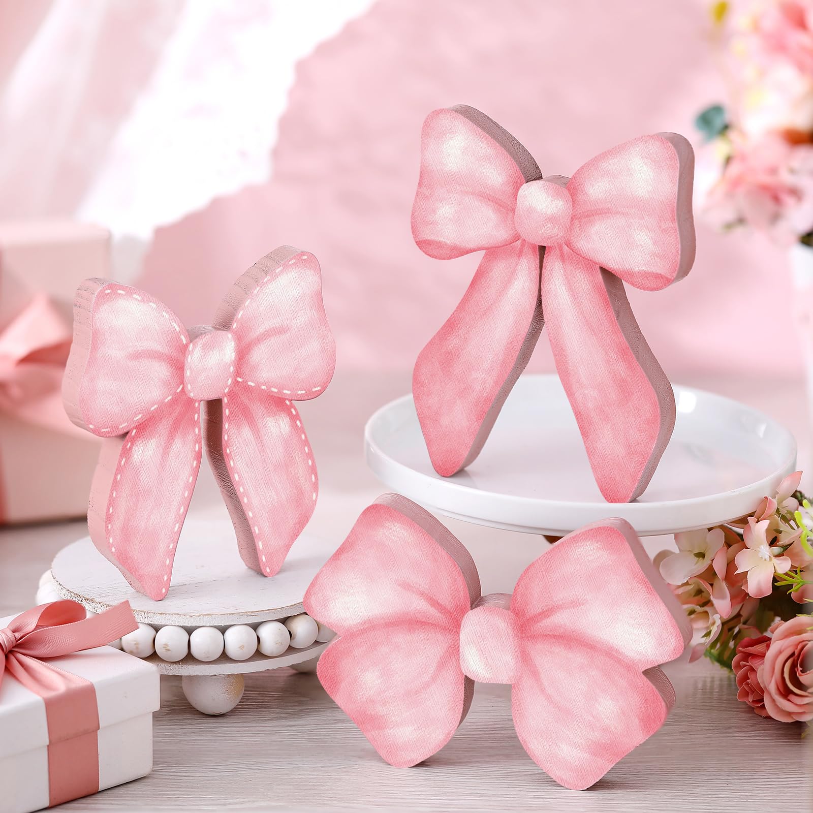 Lineshading 3 Pcs Pink Bow Coquette Room Decor Wooden Sign Preppy Room Coquette Party Decor Girly Pink Bows Tiered Tray for Home