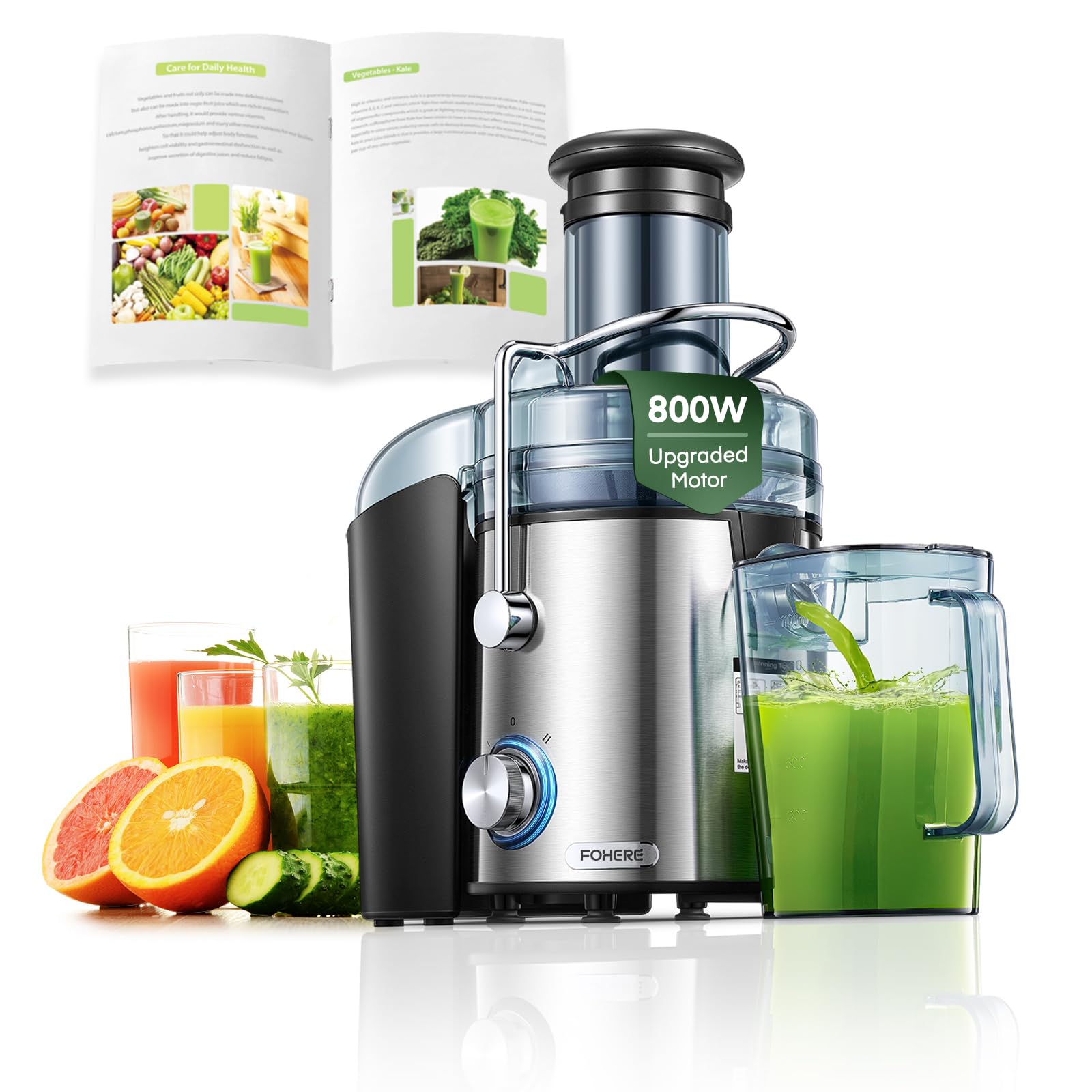 Juicer Machines, FOHERE 1000W Juicer Whole Fruit and Vegetables, Quick Juicing Easy to Clean, 75MM Large Feed Chute, Dual Speed 