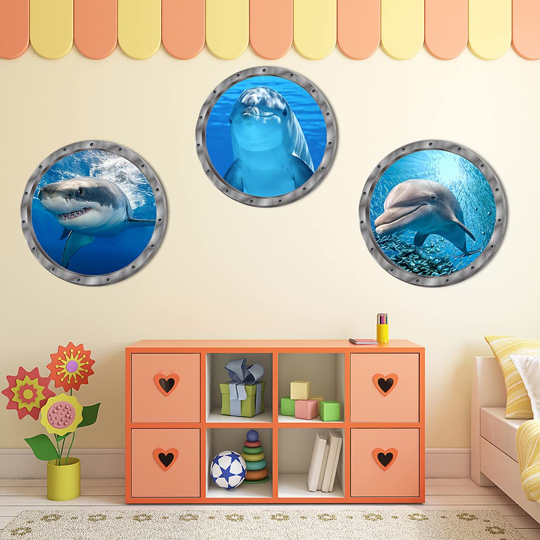Ocean Animals World Under Sea Decor Includ Dolphins Sharks 3 Pcs Removable 3D Peel and Stick Vinyl Stickers for Bathroom Wall Decor Wall Stickers Bedroom Furniture