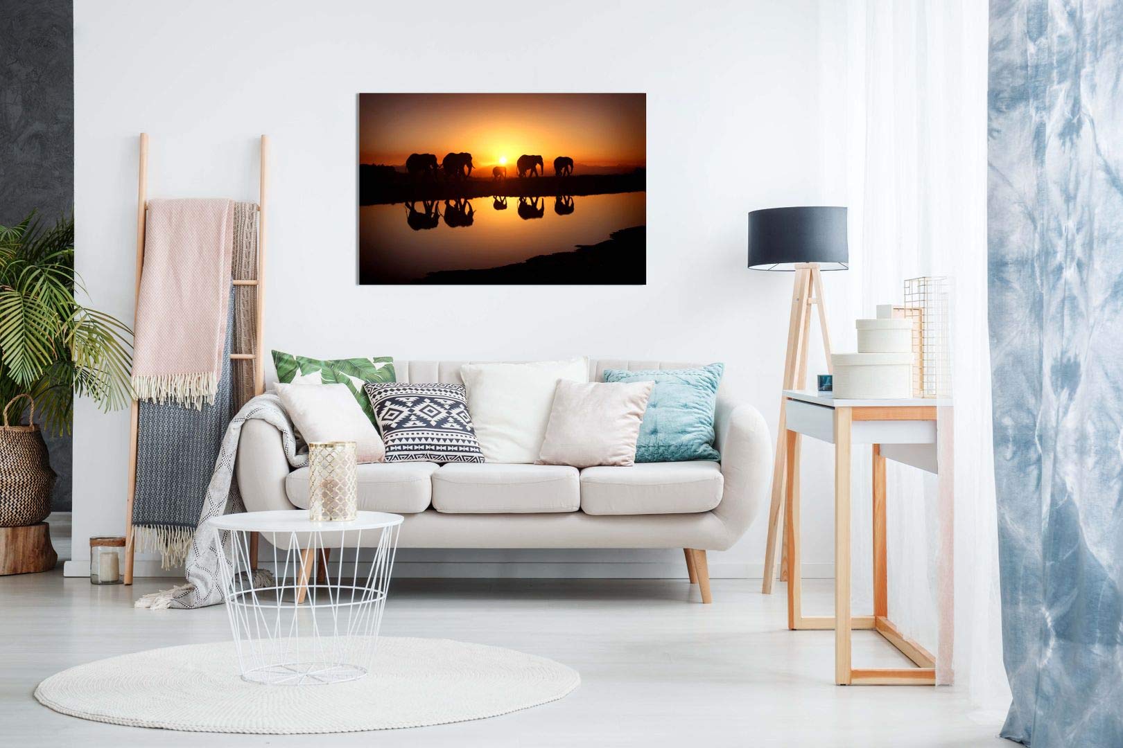 African Sunset Elephants Nature Wildlife Canvas Wall Art Picture Print (36X24In)