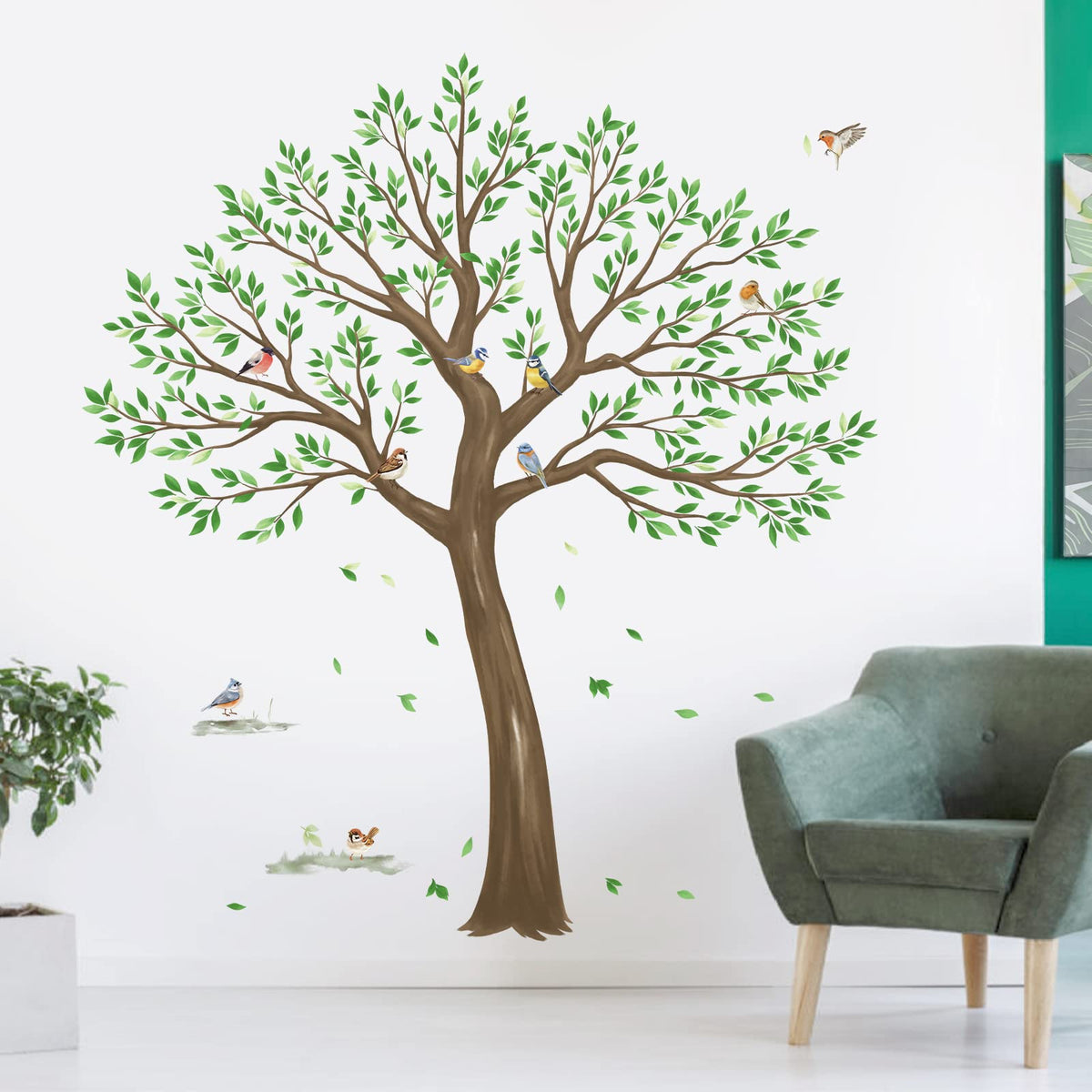 Wondever Large Tree Wall Stickers Green Leaves Birds Peel And Stick Wall Decals For Living Room Bedroom Tv Wall (H: 63Inches)