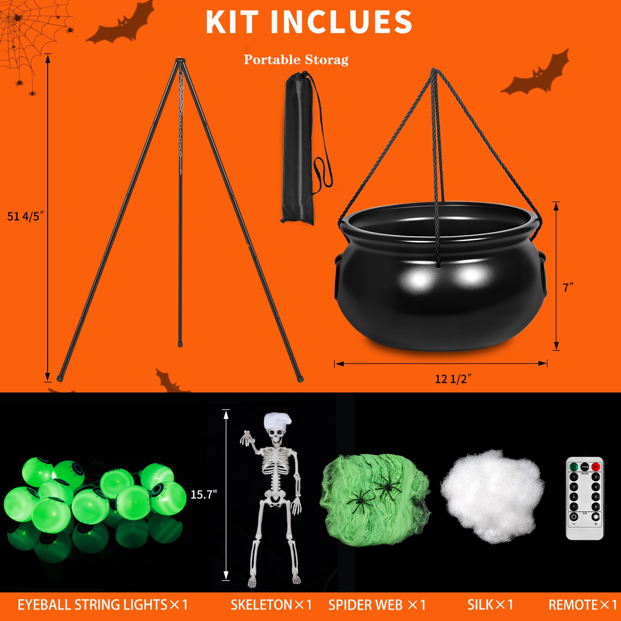 Halloween Decorations Outdoor Indoor,Large Witches Cauldron on 52 Tripod with String Lights, Skeleton and Eyeballs,Hocus Pocus D