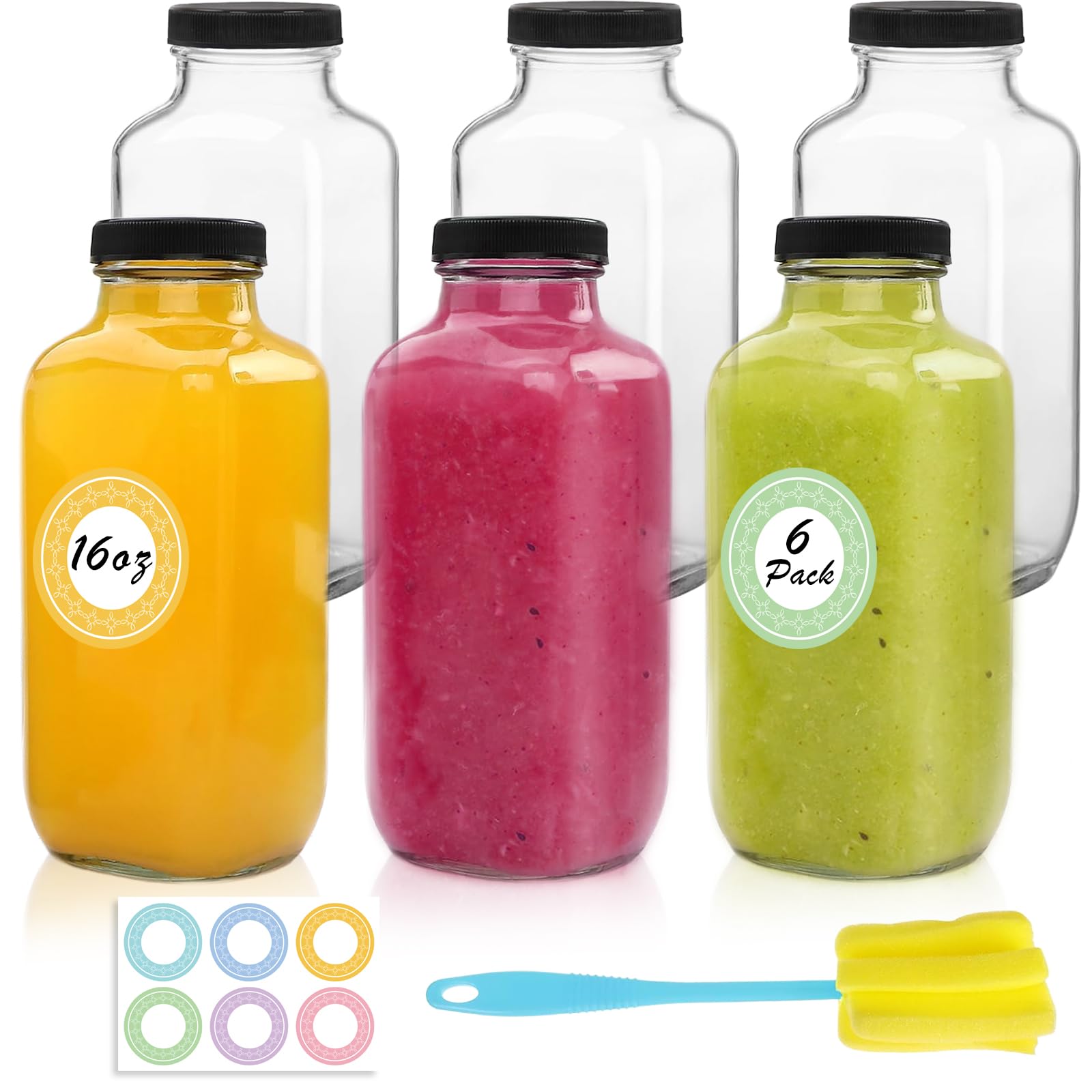 NEWMIAO Glass Juice Bottles with Lids, Reusable Glass Drink Bottles, 250 ml Juice Containers Drinking Jars with Brush, Water Bot
