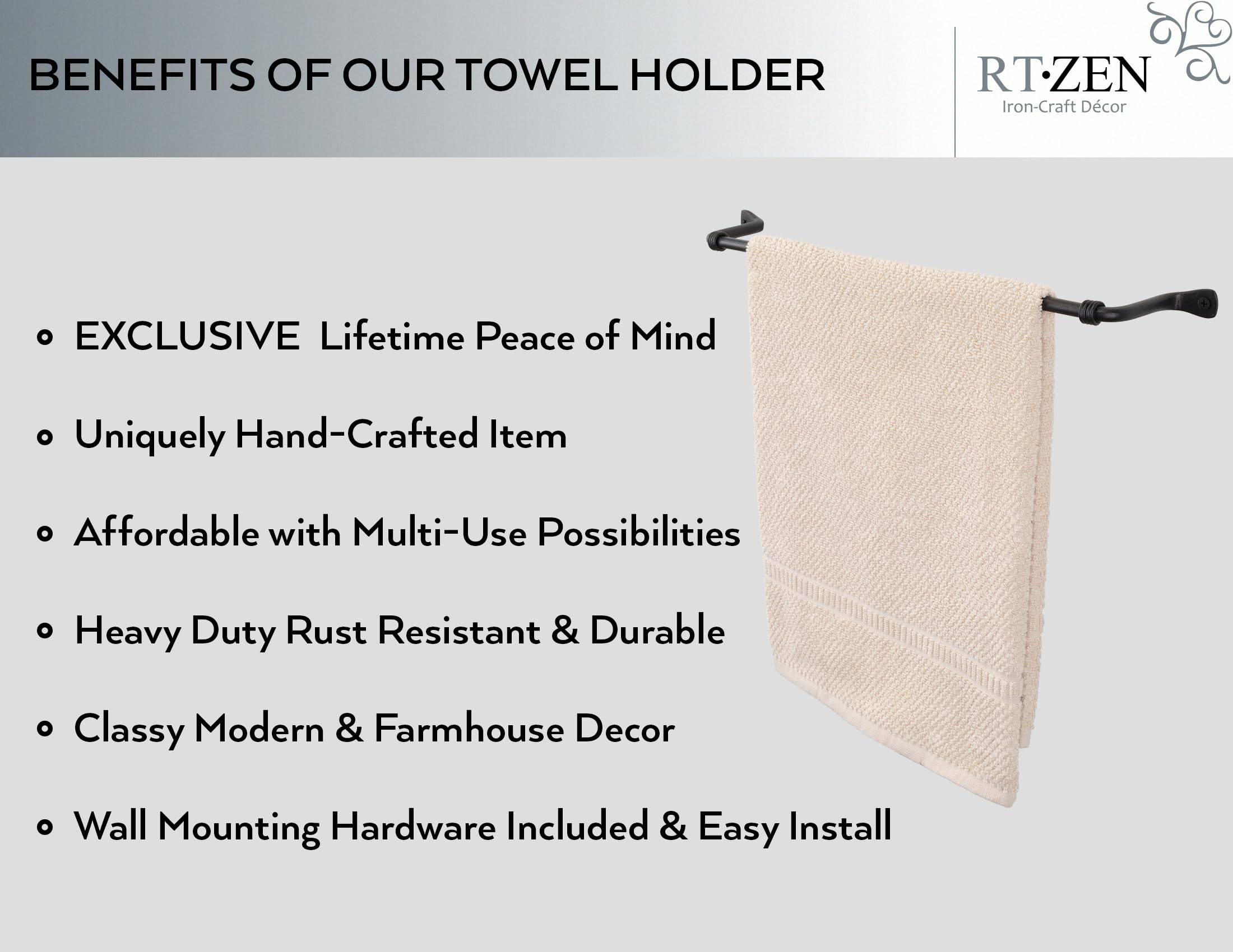 Rtzen Farmehouse Bathroom Towel Holder - Wrought Iron Matte Meta Black Towel Bar Wall Mount Rod - Handmade Home Decor Metal Kitc