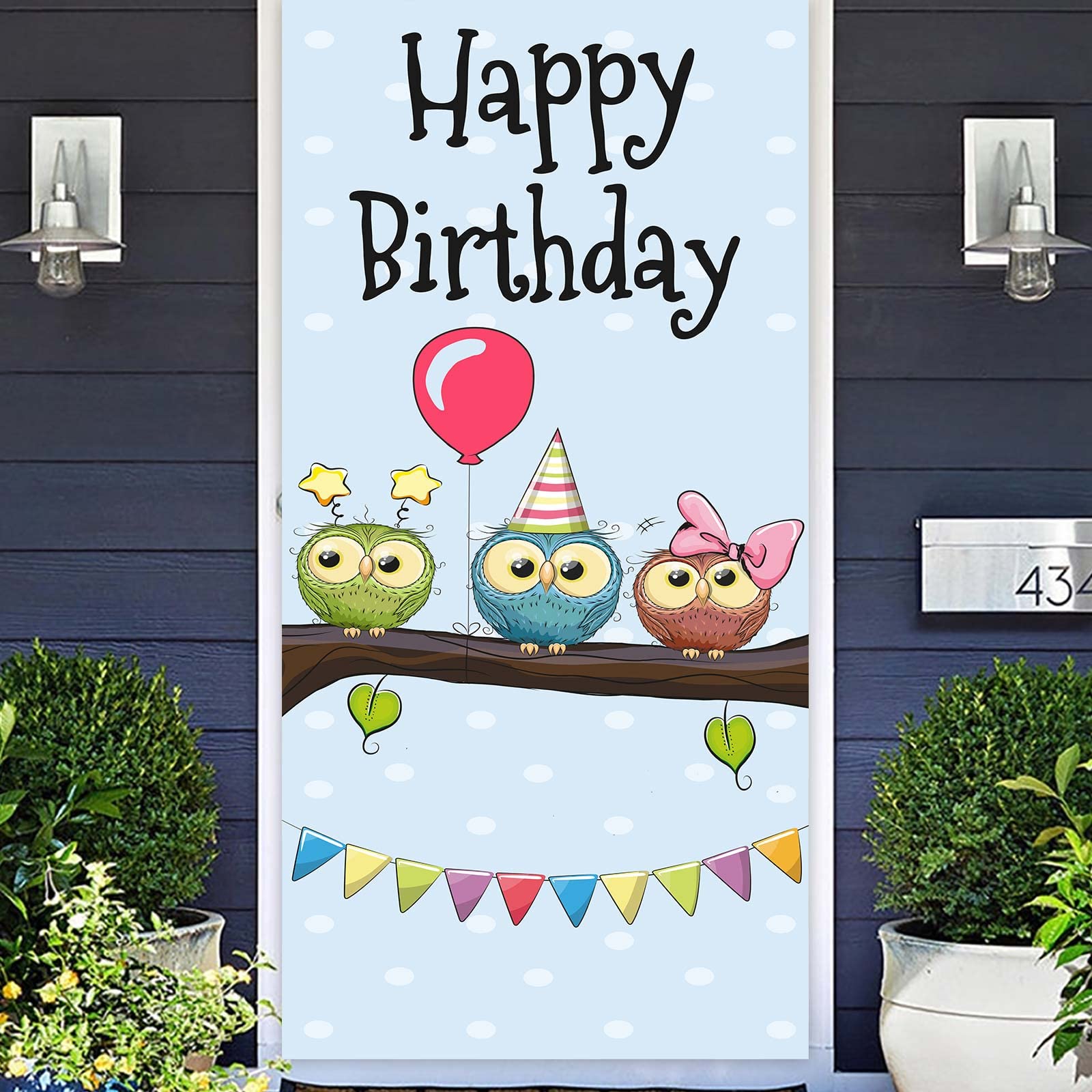 Night Owl Happy Birthday Banner Backdrop Balloon Cute Colorful Cartoon Animals Theme Decorations Decor for Door Porch 1st Birthd