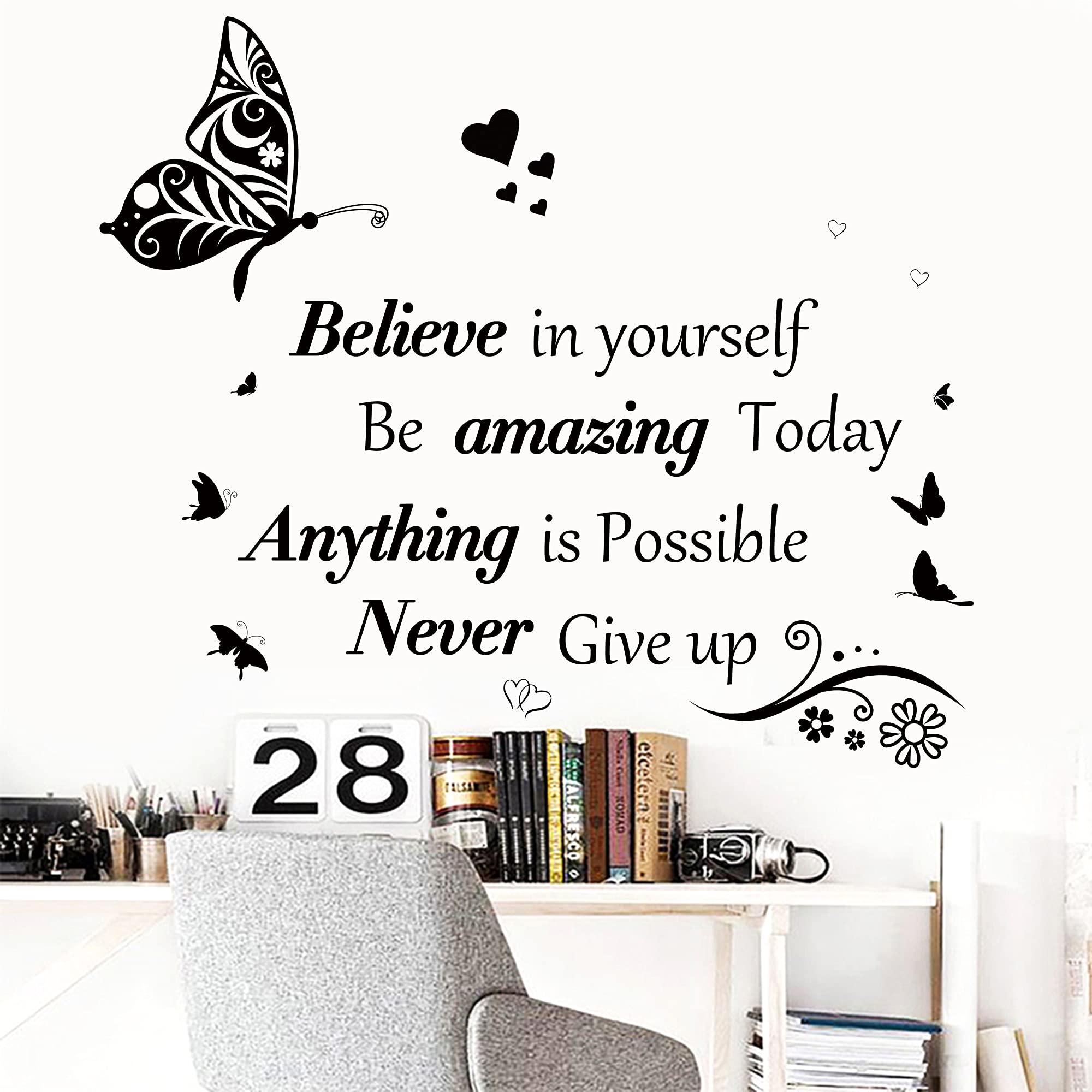 Inspirational Quotes Wall Decals Large Removable Motivational Saying Wall Stickers Positive Lettering Word Decal Butterfly Sticker Peel and Stick for Classroom Home Bedroom Family Office Wall Art Decor