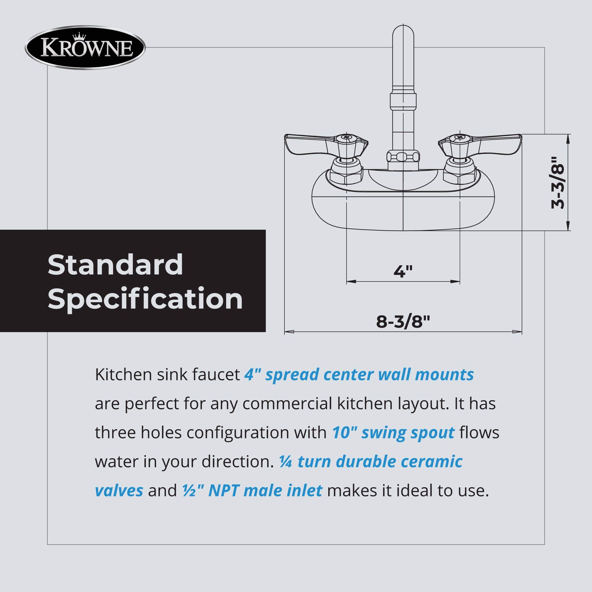 Krowne Wall Mount Kitchen Faucet - Utility Sink 4    Center Mount, 10'' Swing Spout,     Npt Male Inlet, 2 Gpm Flow Rate, Cerami