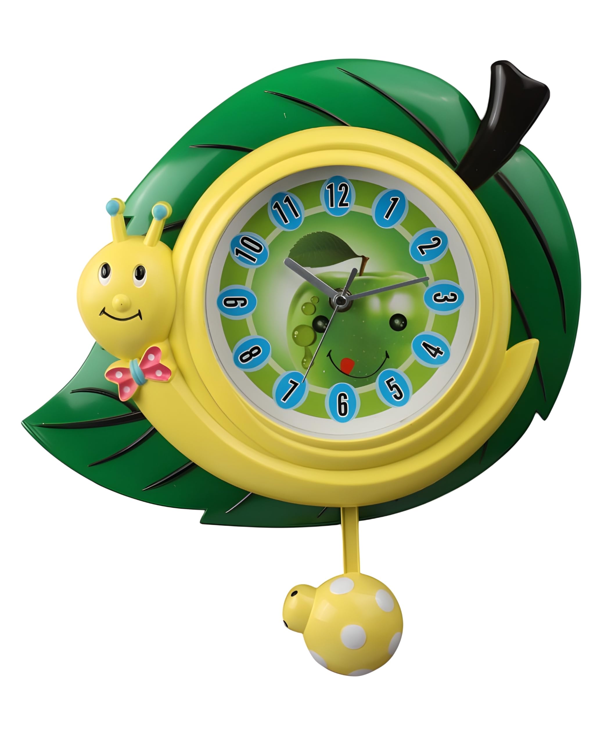 DeRons Kids Pendulum Wall Clock For Kids Bedroom Living Room Cute Cartoon Snail Design With Leaf Back Fun Decorative Child Room 