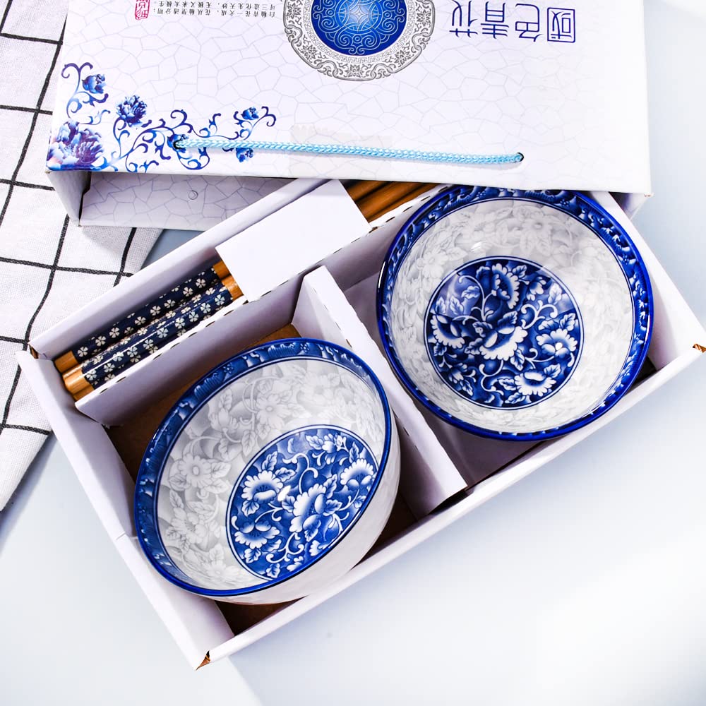 Ceramic Rice Bowls And Chopsticks Set Of 2, Chinese Porcelain Rice Bowls With Delicate Box For Rice Soup(2)