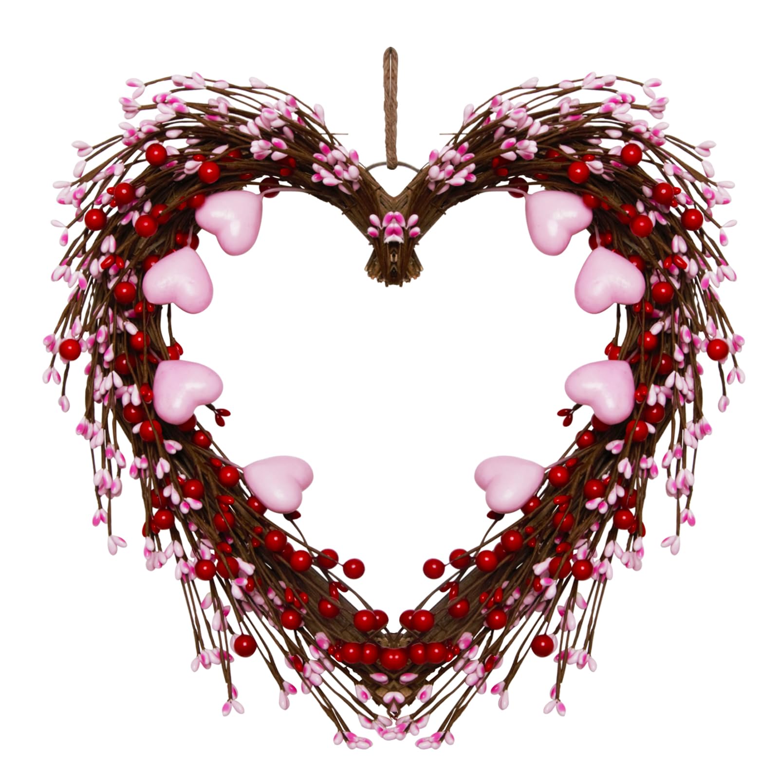 Valentines Day Wreath Decor,14 Inches Artificial Red Pink Berries and Small Pink Hearts,Valentines Wreaths for Front Door Home I