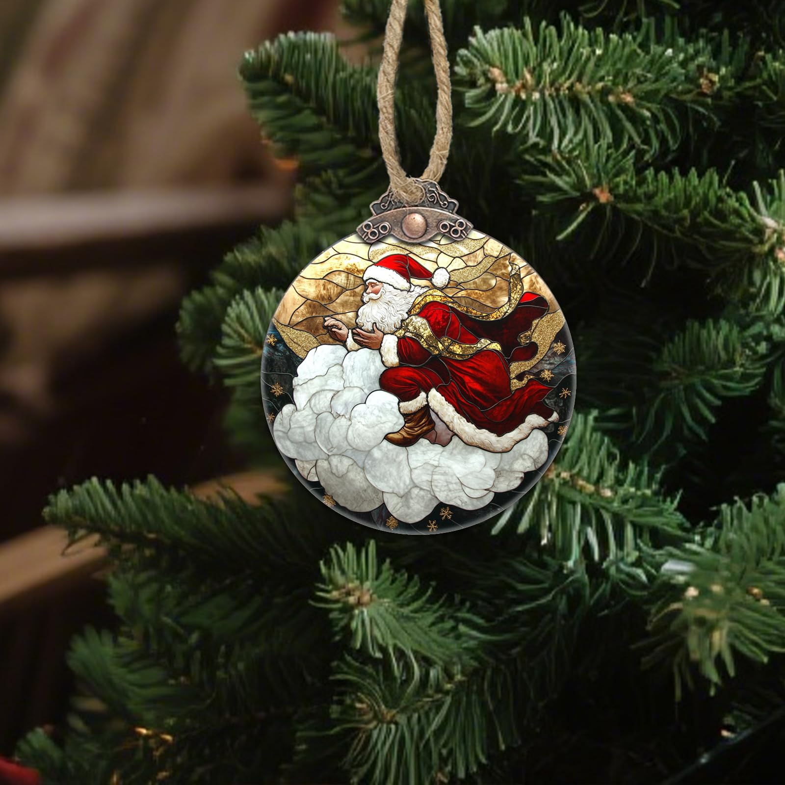 DASTOLL Stained Glass Christmas Decorations, Santa Claus Riding A Cloud Suncatcher for Window Christmas Tree Hanging Ornaments G