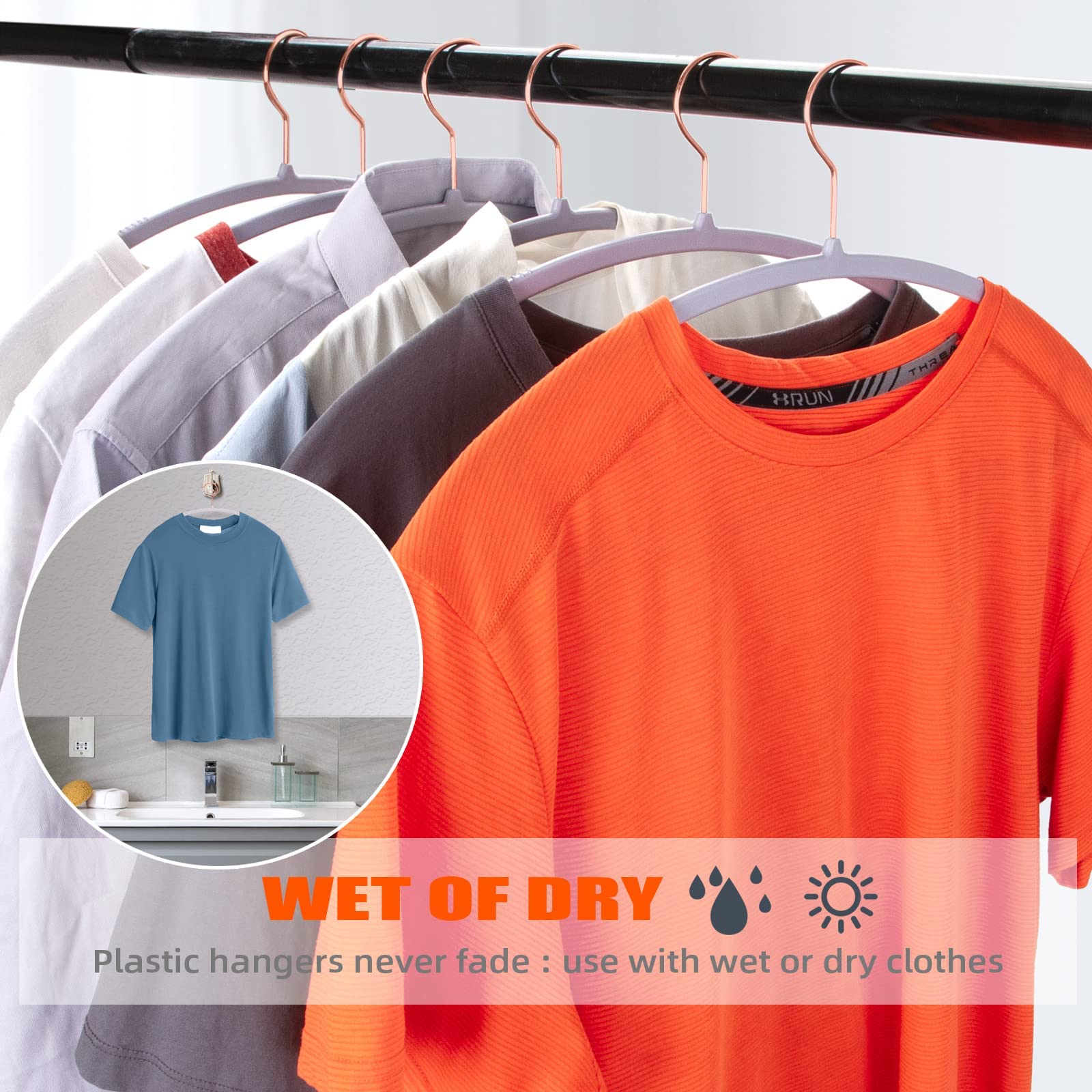 Oika Hangers 50Pack No Shoulder Bump Plastic Suit Hangers - Rose Gold Hooks,Non Slip Space Saving Clothes Hangers, Heavyduty,Rou