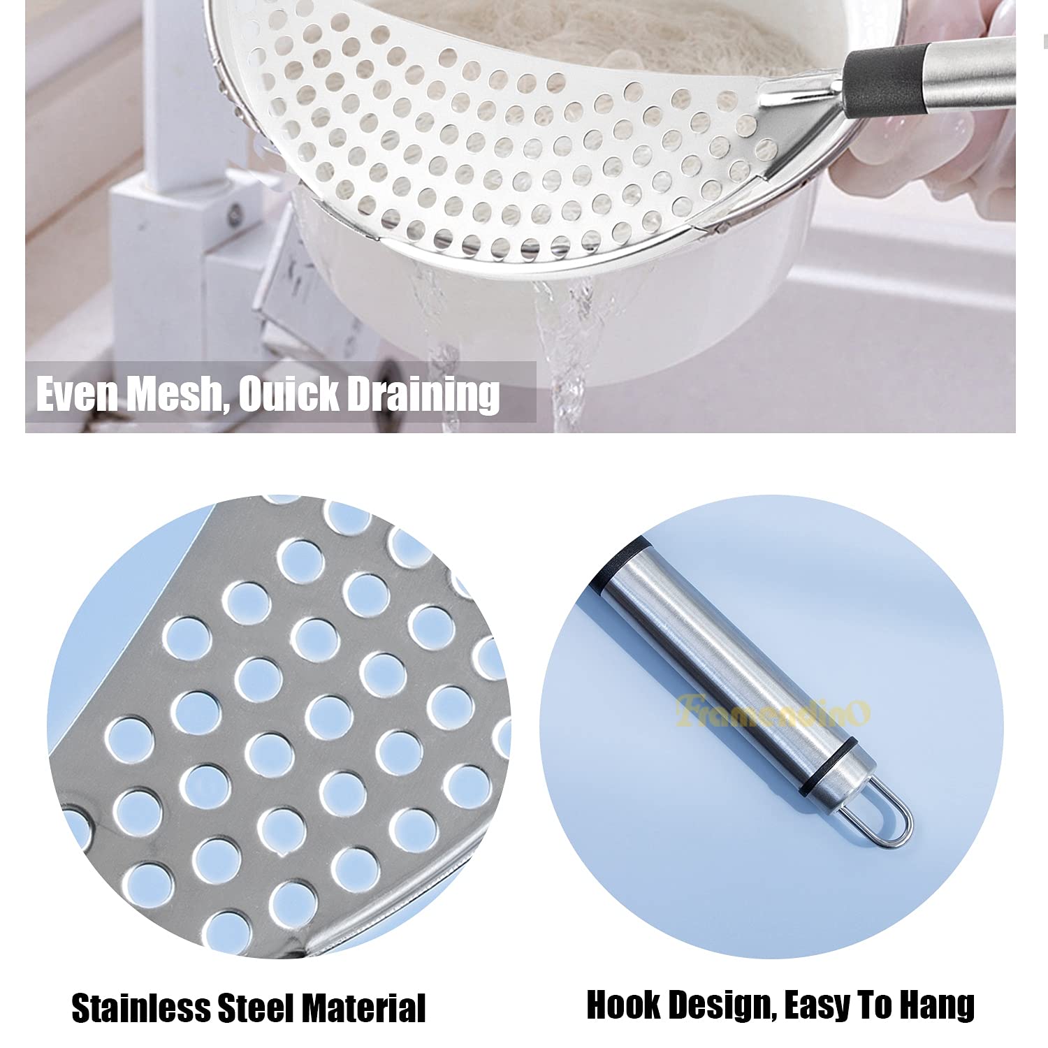 Framendino, Stainless Steel Crescent Pot Strainer Handle Strainer Pan Pot Strainer Colander For Noodles Vegetables Spaghetti