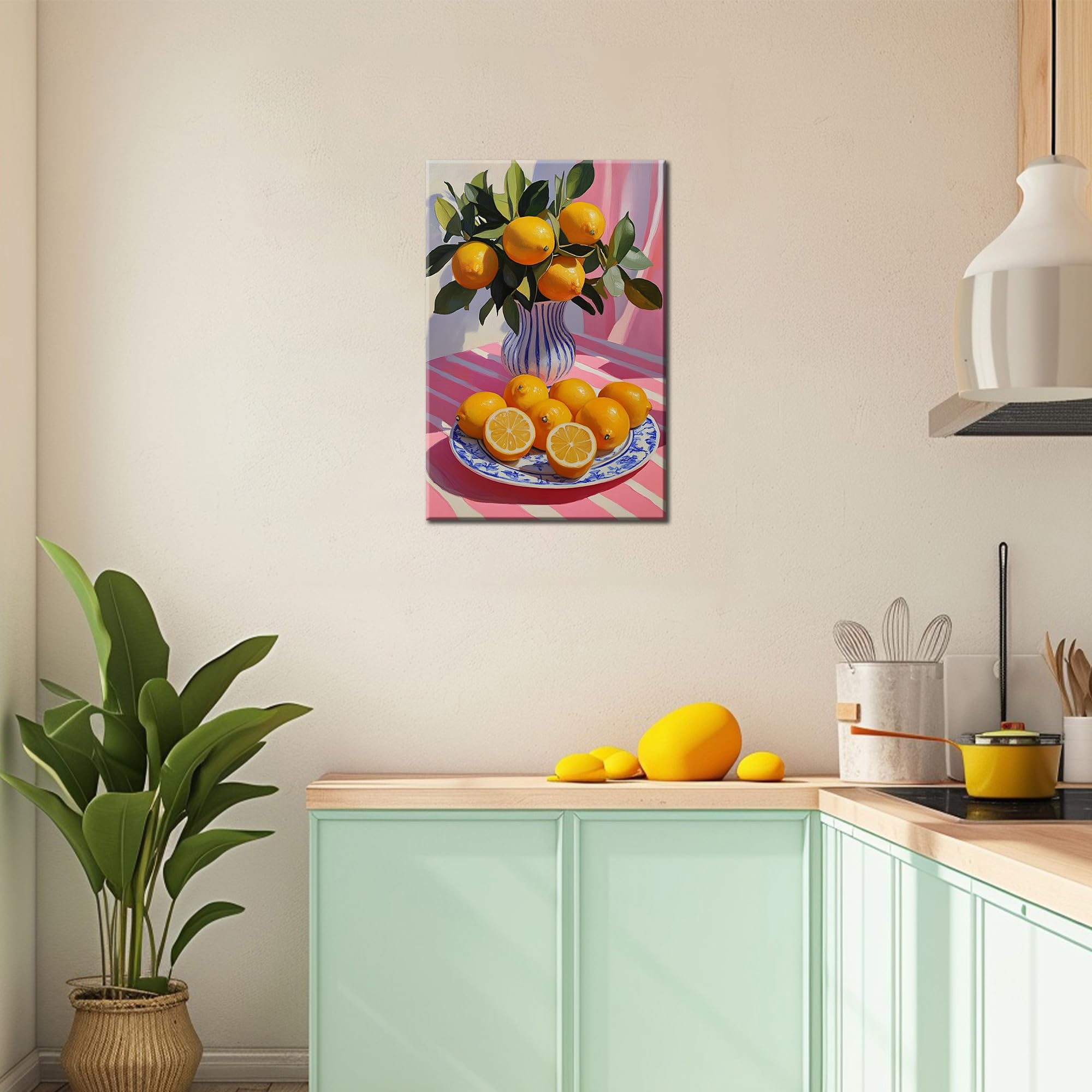Uzmkm Lemon Wall Art, Oranges Poster & Blue White Vase Canvas Prints For Kitchen Wall Decor, Framed Modern Country Landscape Bot
