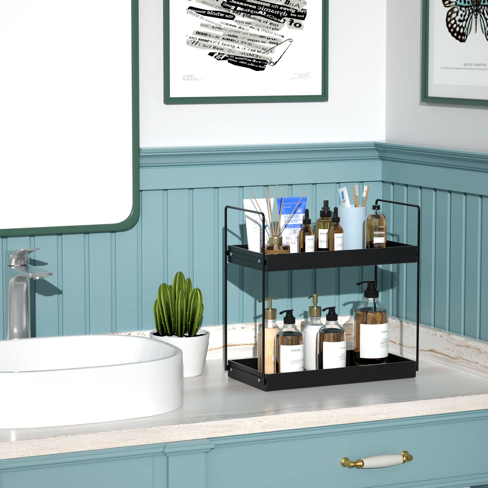 Npplus Bathroom Countertop Organizer, 2 Tier Metal Vanity Counter Skincare Shelf, Matte Black, 13.6''L X 6.9''W X 13.8''H