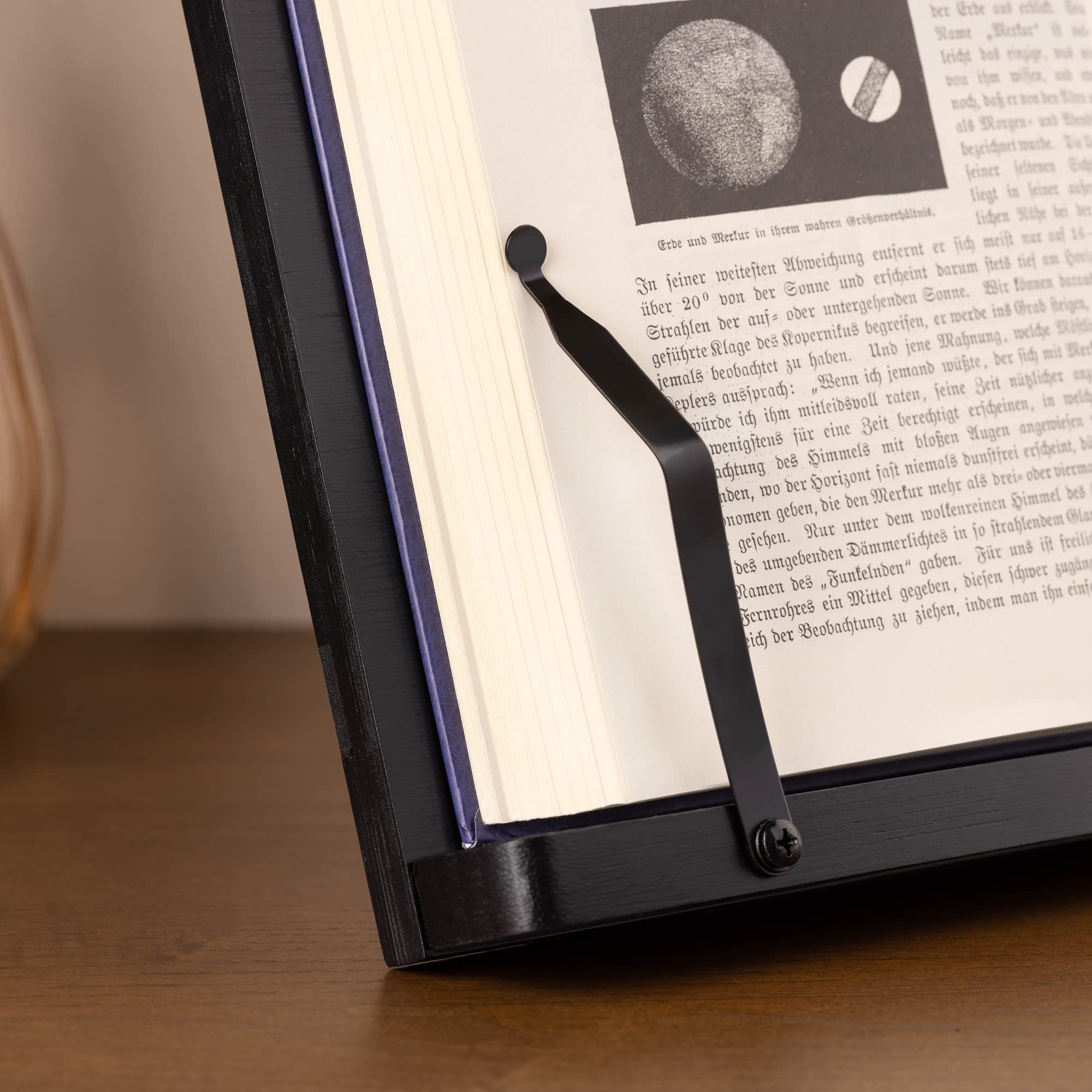 Navaris Bamboo Book Stand - Hands-Free Reading Recipe cookbook Tablet Holder with 2 Adjustable Metal Page Holders with grips - Bamboo Easel - Black
