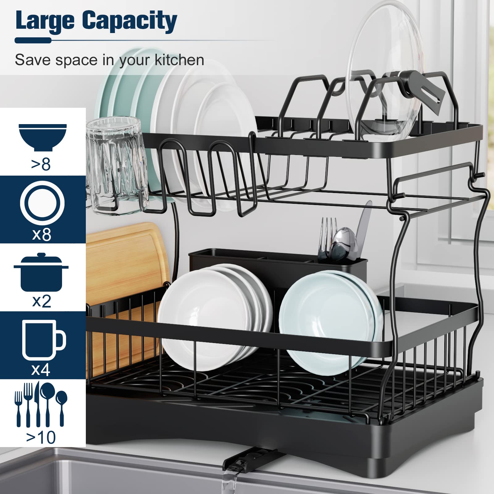 Aonee Dish Drying Rack, 2 Tier Dish Rack With Water Locking Function Drainboard, Pot Rack, Cutlery Holder, Cutting-Board Holder