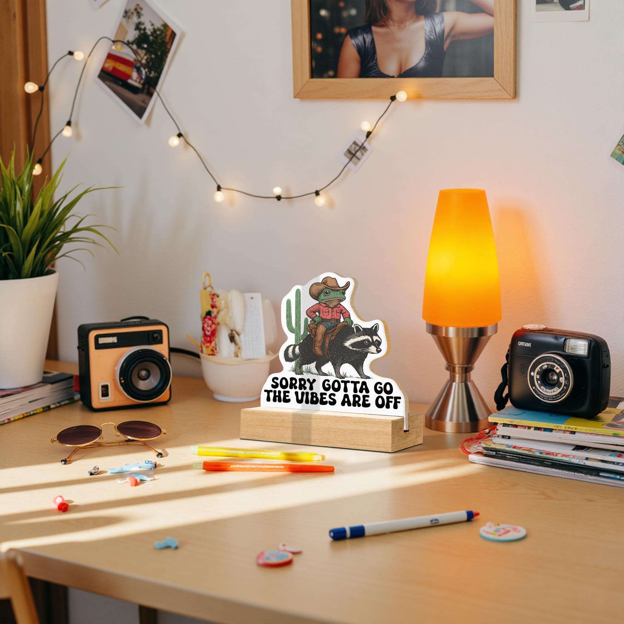 CTYNU Funny Western Frog Raccoon Desk Decor Sign, Sorry Gotta Go, The Vibes Are Off Frog Shaped Wood Sign Plaque with Wooden Sta
