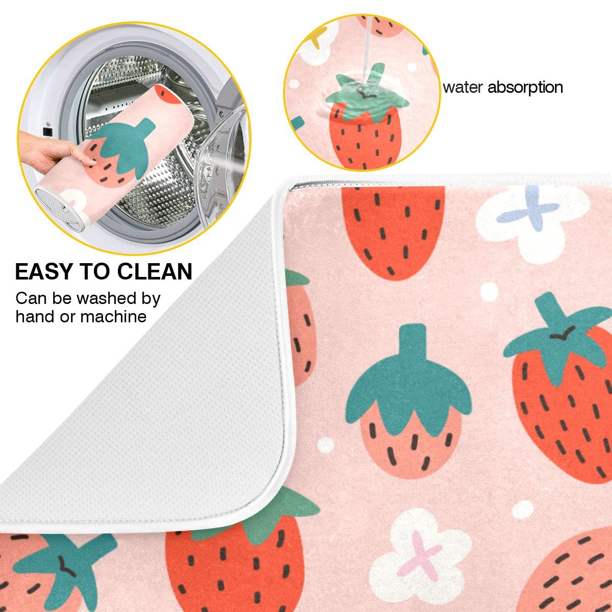 Pink Strawberry Dish Drying Mat For Kitchen Fruits Flowers Microfiber Drying Mats Absorbent Reversible Dish Pad Medium Dish Drai