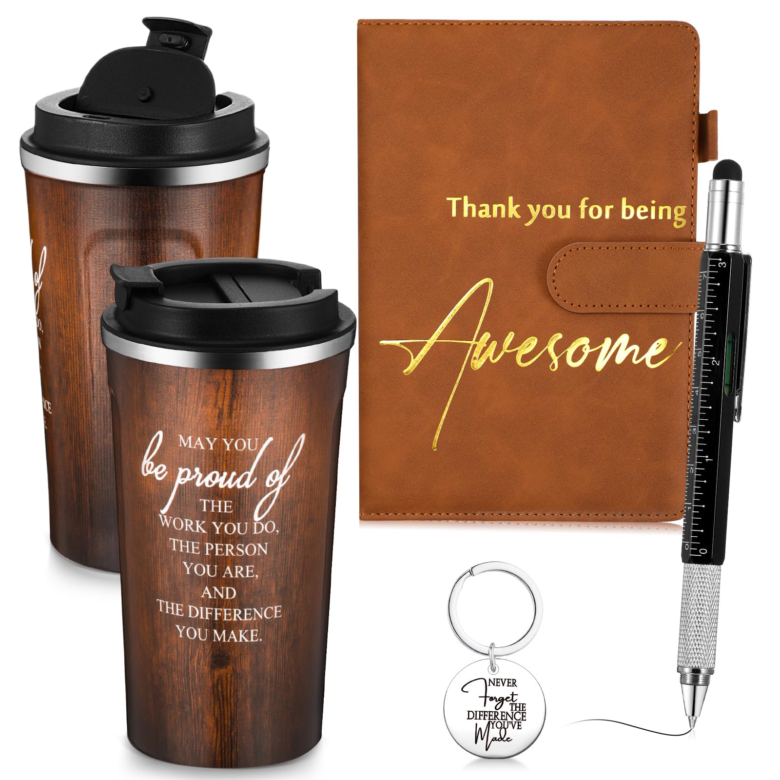 Skybooly 4 Set Father Day Gifts for Men Coworker 17oz Stainless Steel Brown Coffee Tumbler with Lid Leather Journal Keychain Pen